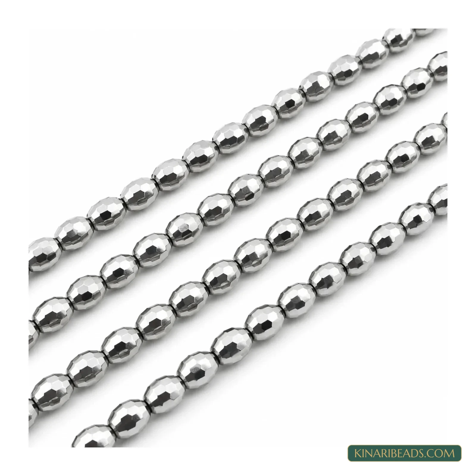 4x6mm Faceted Oval Metallic Glass Beads - 16 Inch String - Silver colour