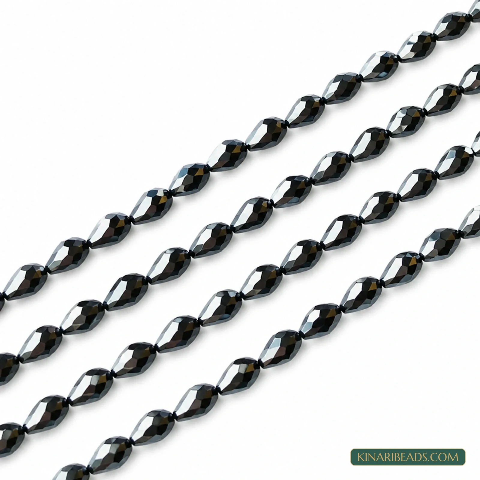 6x8mm Faceted Drop Metallic Glass Beads - 20 Inch String - Metallic Silver colour
