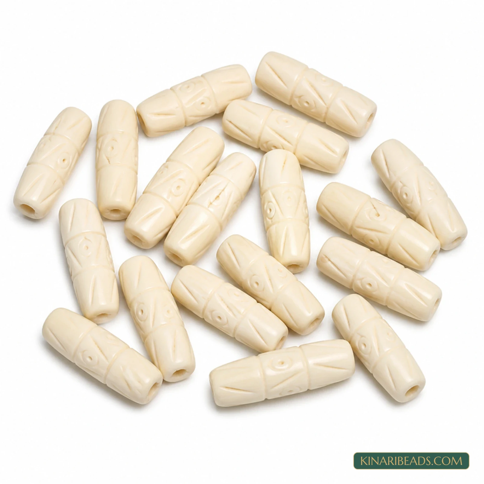 1-Inch Geometric Carved Bone Tube Beads - 20 Pcs
