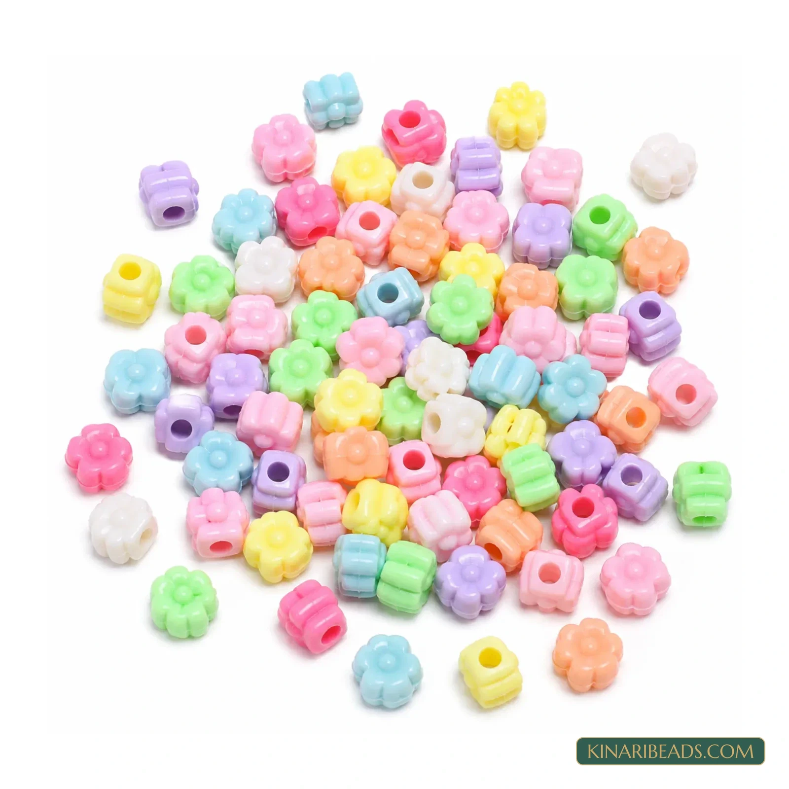 11mm Pastel Multicolour Assorted Flower & Barrel Acrylic Beads - 100g (Approx. 170 Pcs)