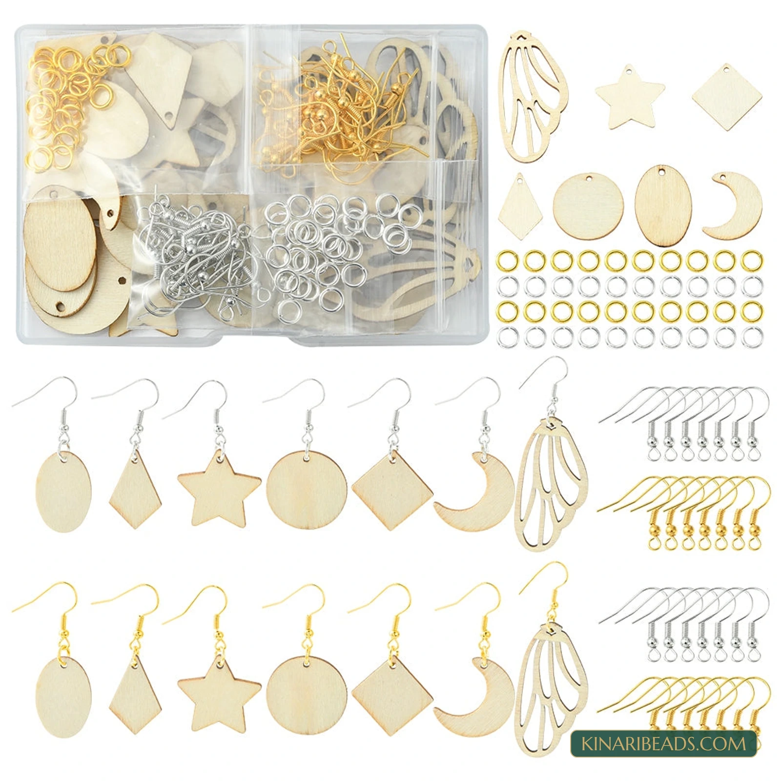 152-Piece Wooden Blank Earring Making Kit – 7 Shapes, Gold & Silver