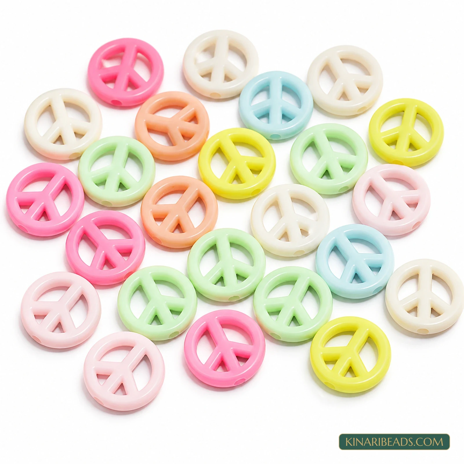 16mm Pastel Multicolour Round Peace Sign Acrylic Beads - 100g (Approx. 190 Pcs)