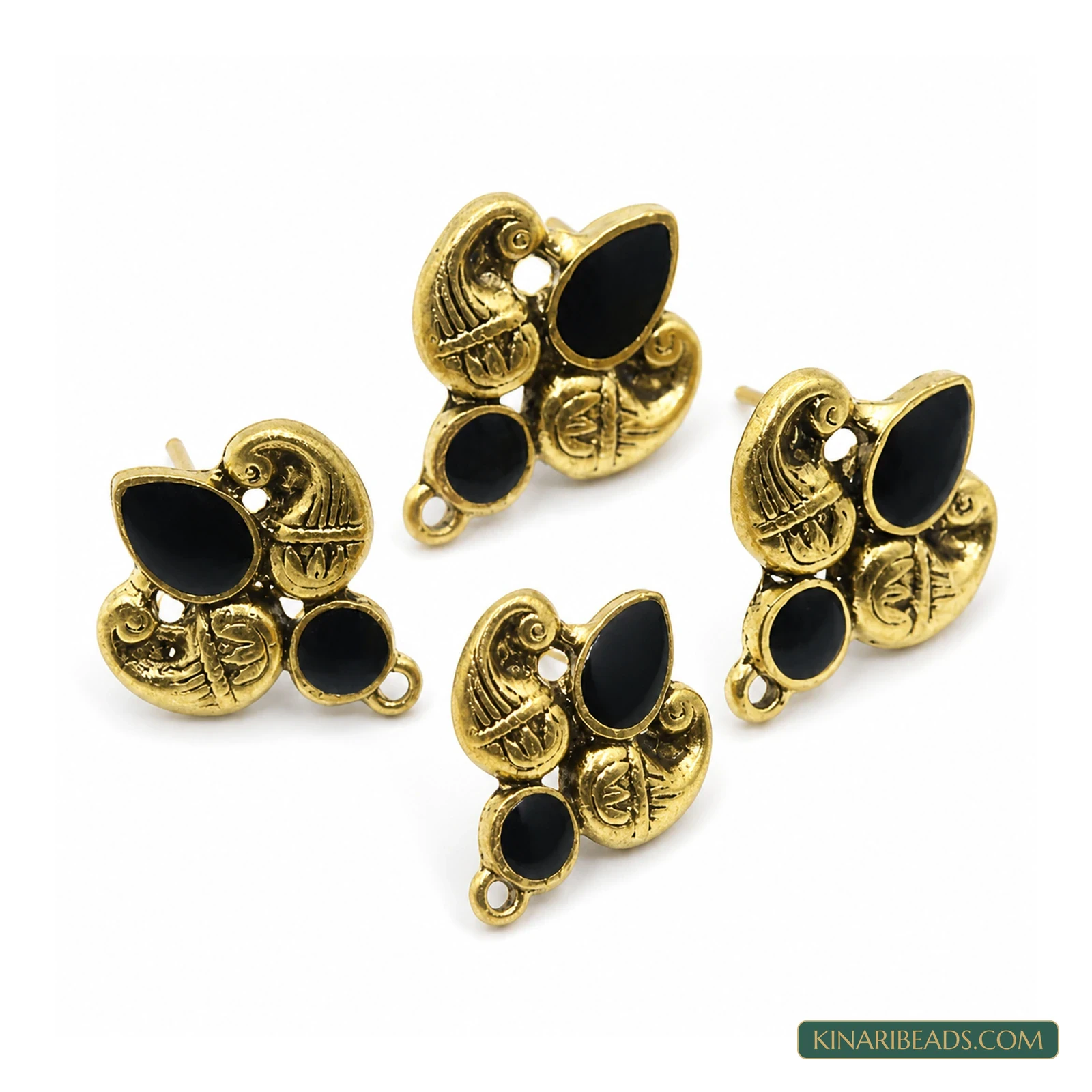 18x19mm German Silver Meenakari Earring Components Black – 4 Pack, Kinari Style EF96