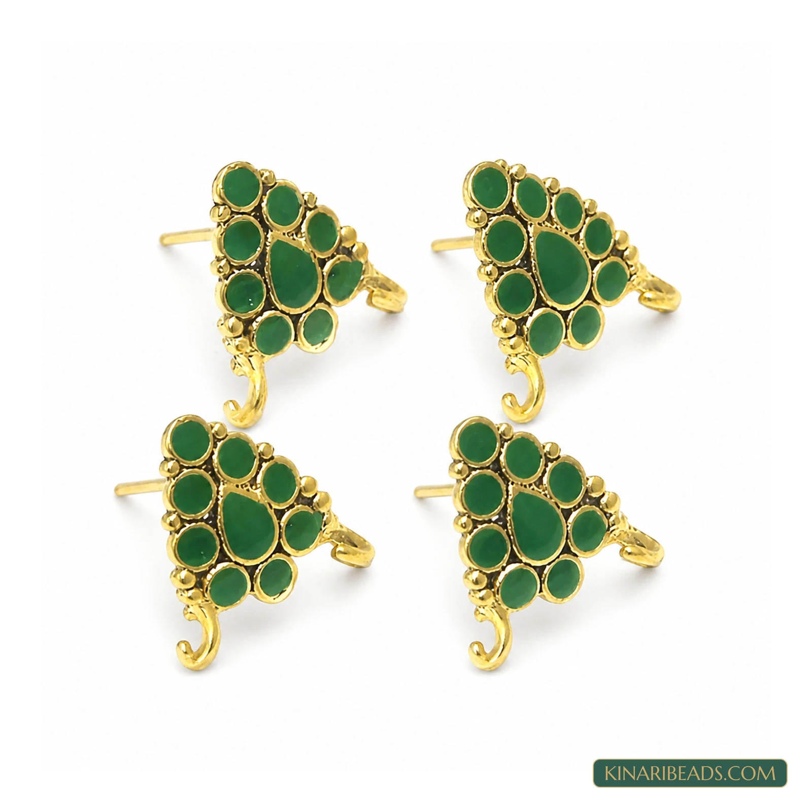 18x19mm German Silver Meenakari Earring Components Parrot Green – 4 Pack, Kinari Style EF98