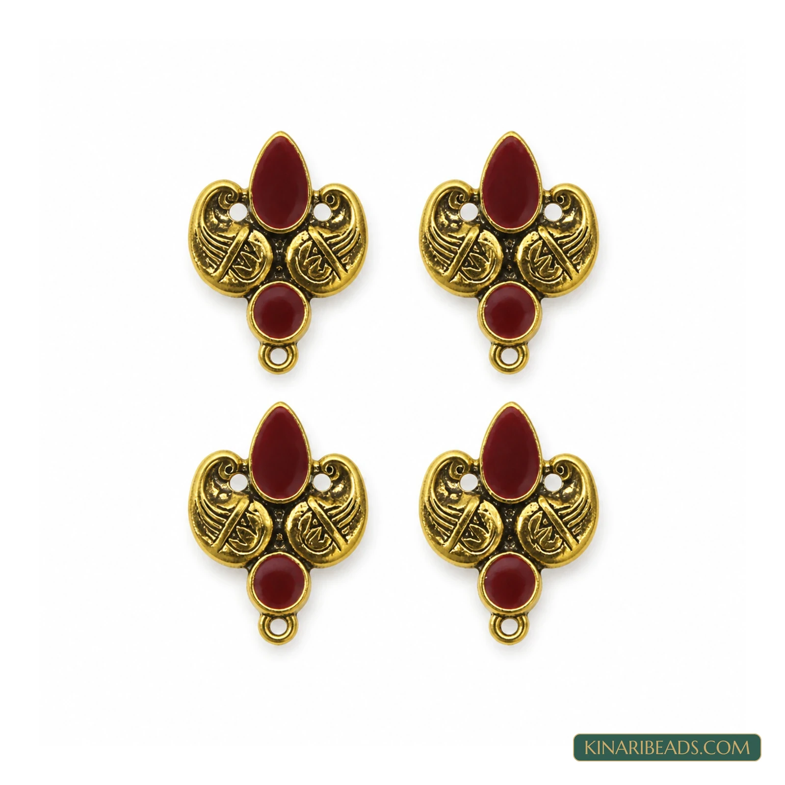18x19mm German Silver Meenakari Earring ComponentsRed – 4 Pack, Kinari Style EF101