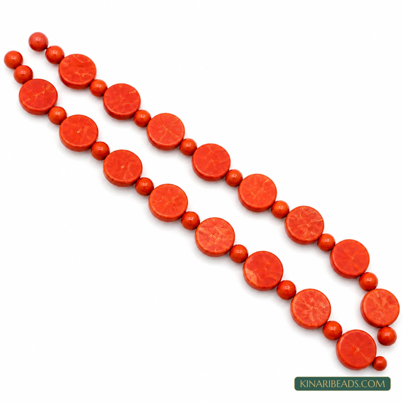 2 Strings Red Round & Flat Round Semiprecious Howlite Beads