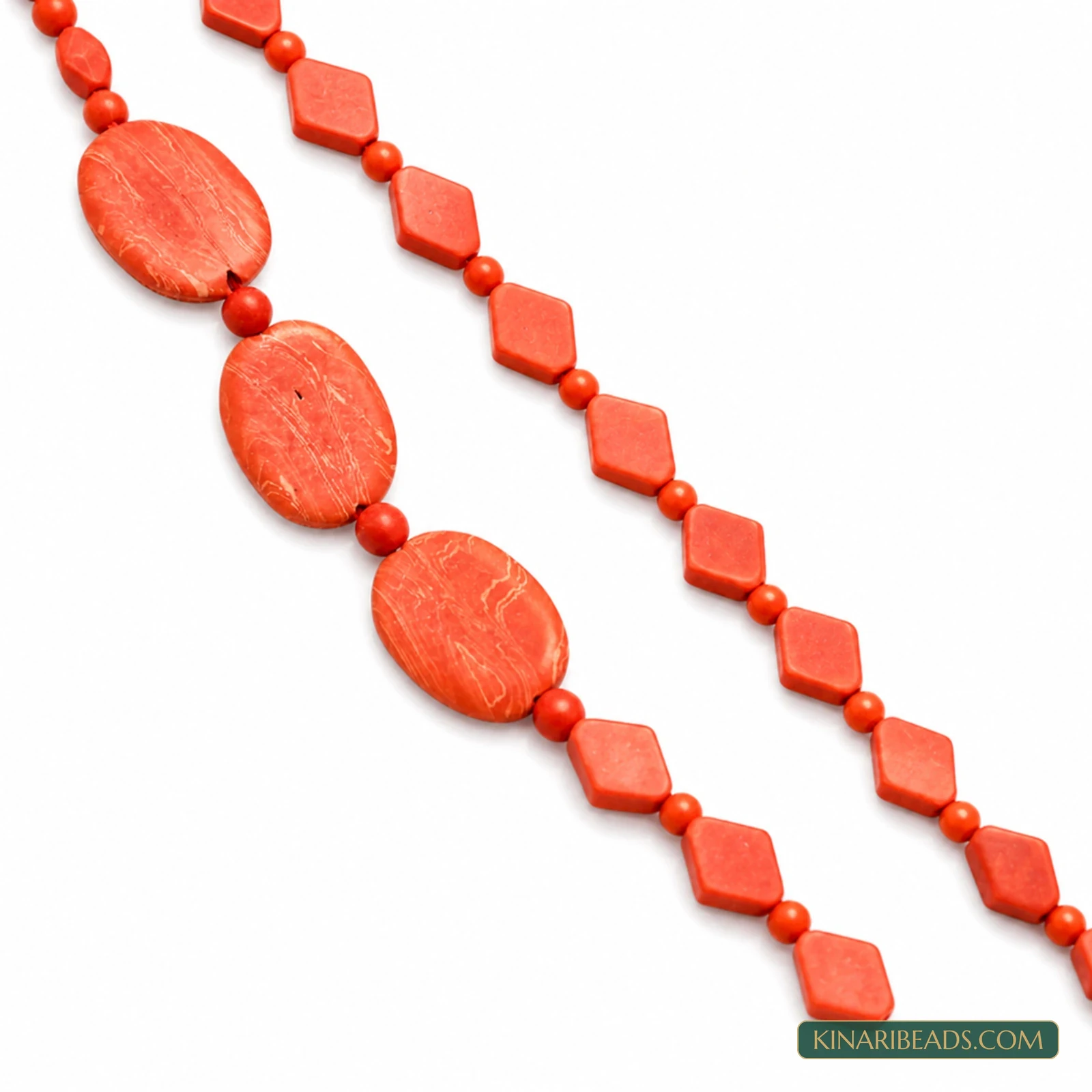 2 Strings Red Round, Diamond & Flat Oval Semiprecious Howlite Beads