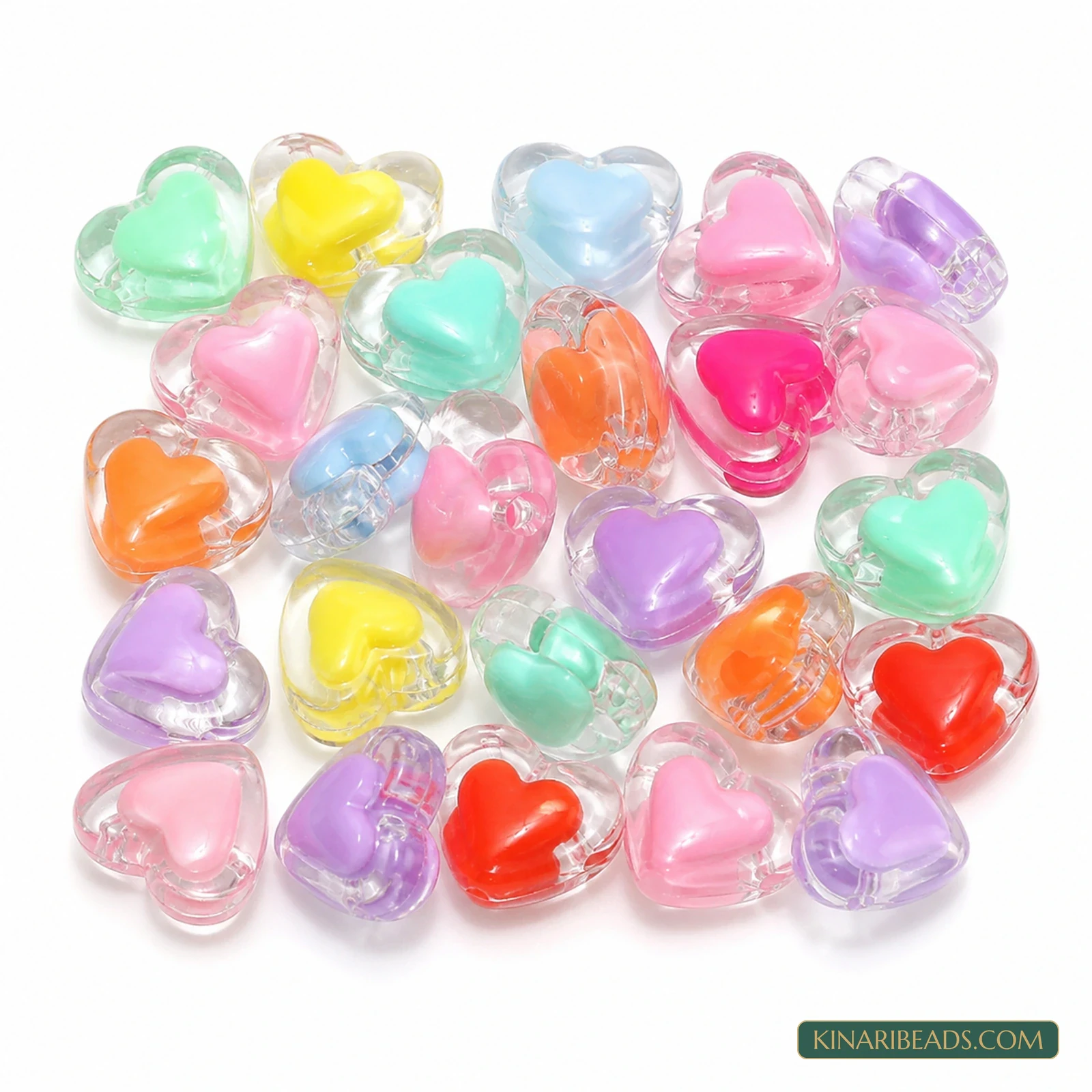 22x13mm Transparent Heart Acrylic Beads with Pastel Inner Heart - 100g (Approx. 58 Pcs)
