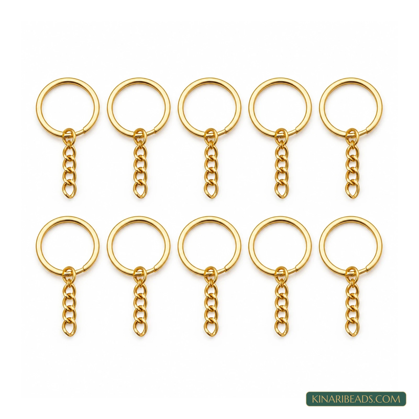 30mm Golden Flat Key Rings with Chain – 10 Pack