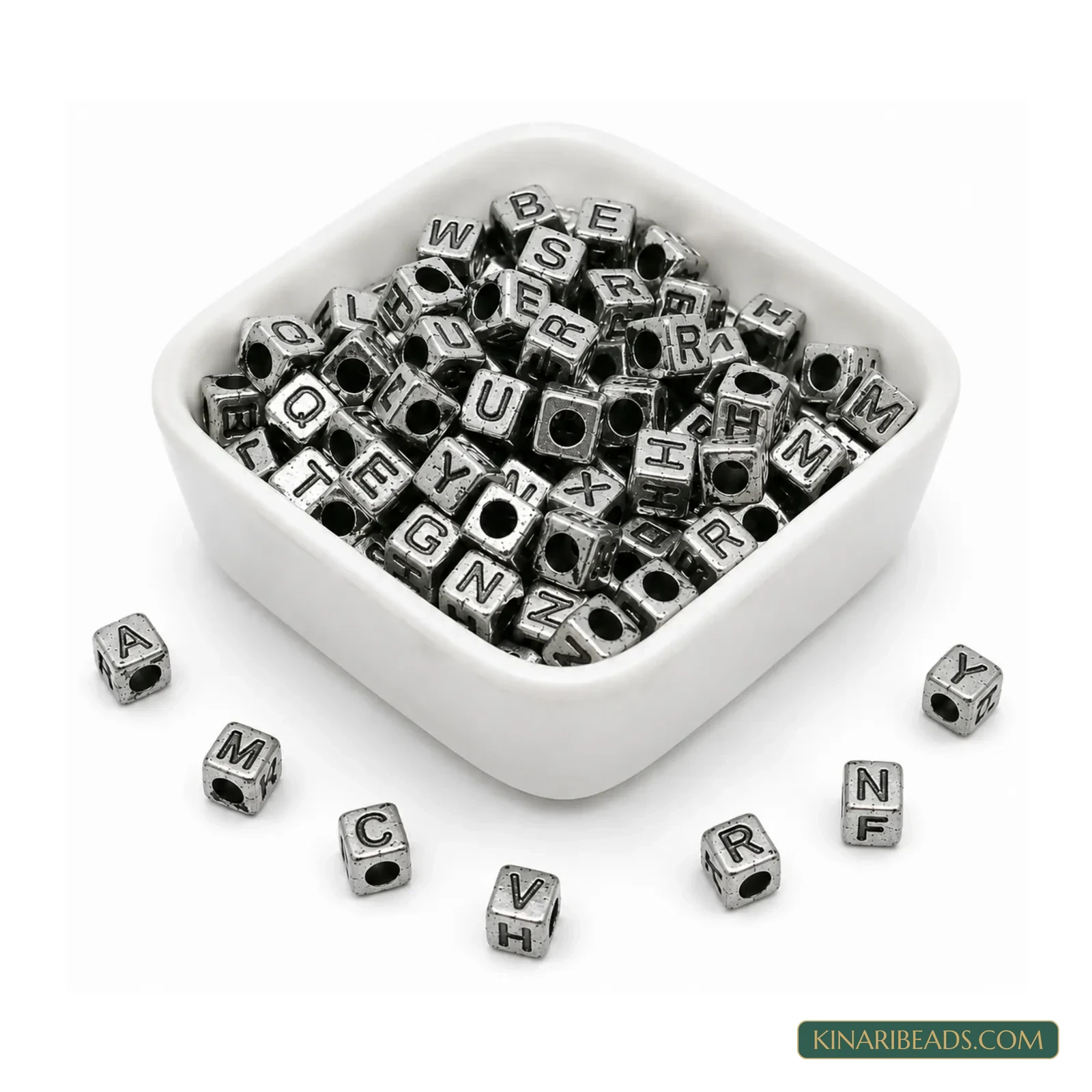 6mm Antique Silver Acrylic Cube Alphabet Letter Beads - 100g