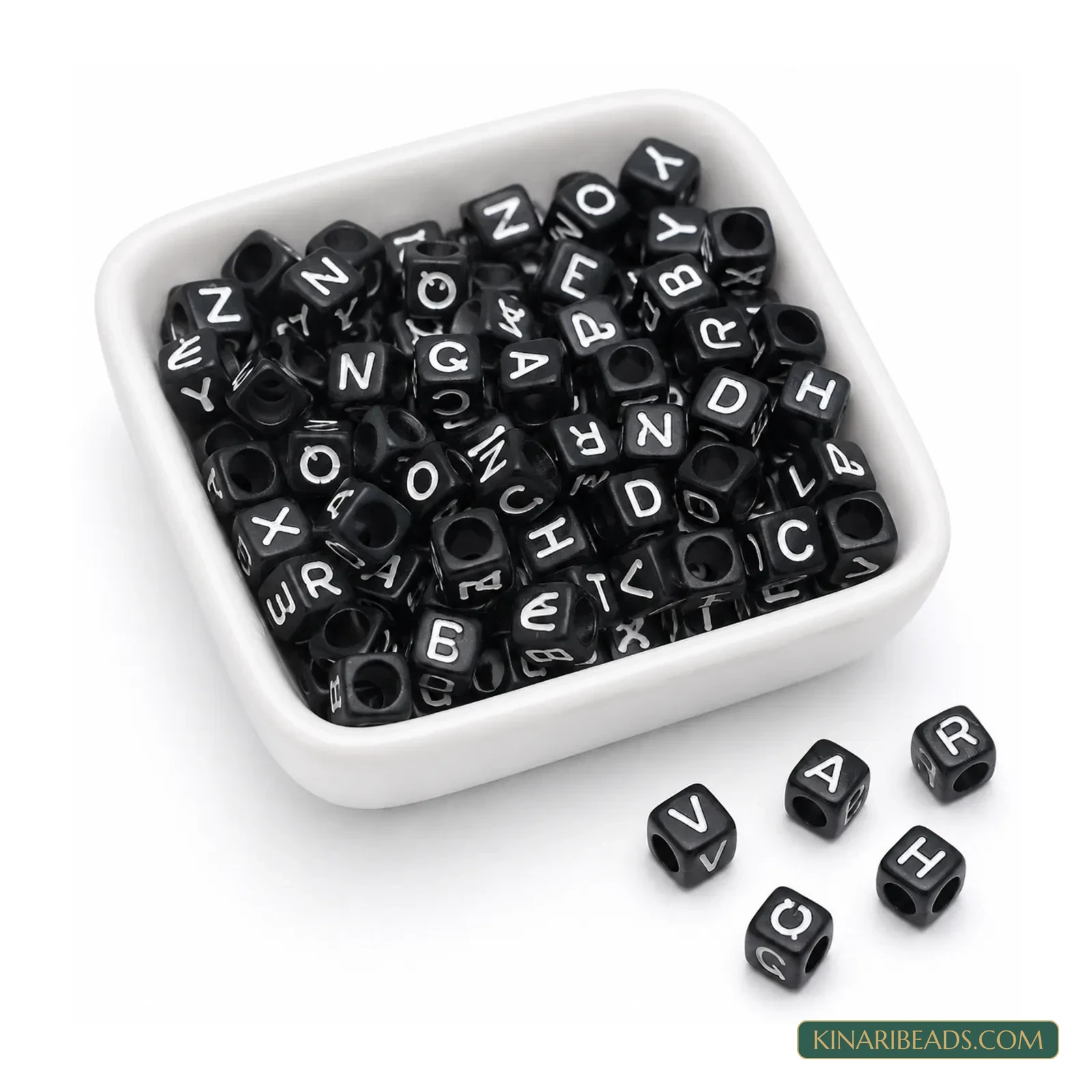 6mm Black Acrylic Cube Alphabet Letter Beads with White Letters - 100g
