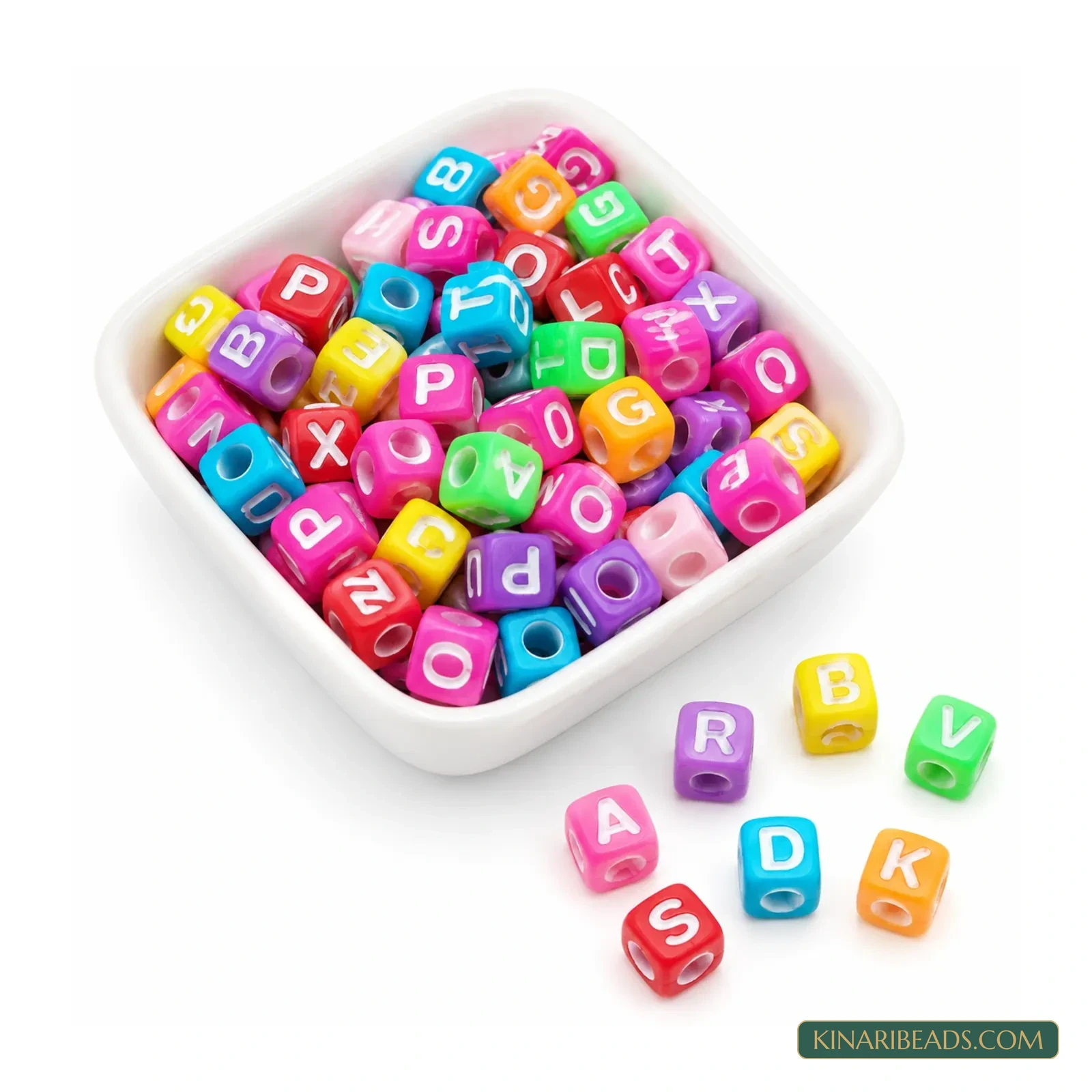 6mm Bright Multicolour Acrylic Cube Alphabet Beads with White Letters - 100g