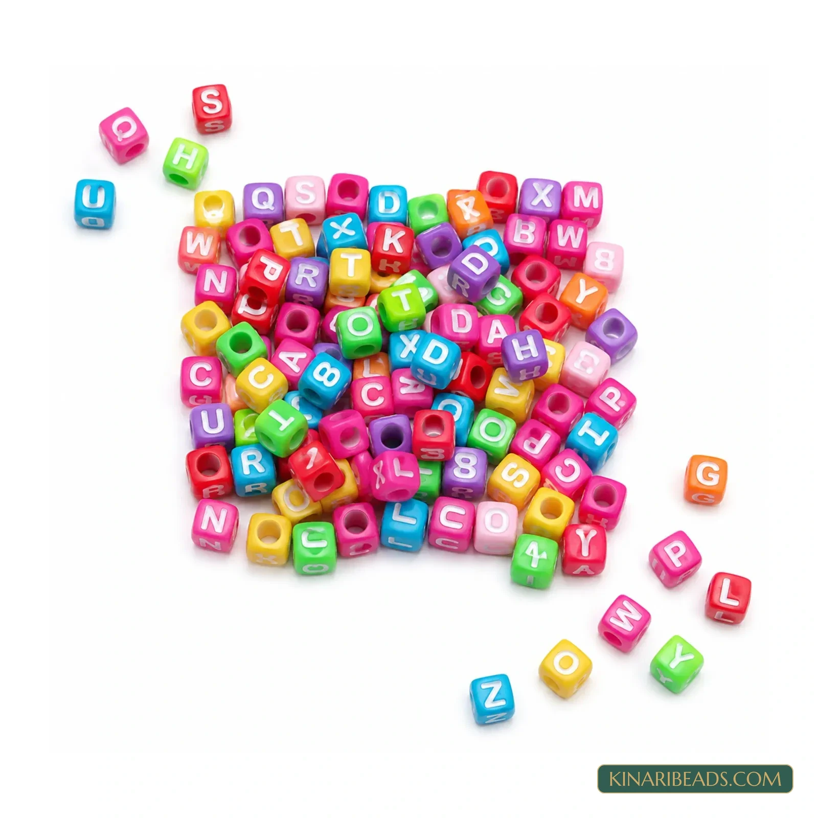 6mm Bright Multicolour Acrylic Cube Alphabet Beads with White Letters - 100g product image