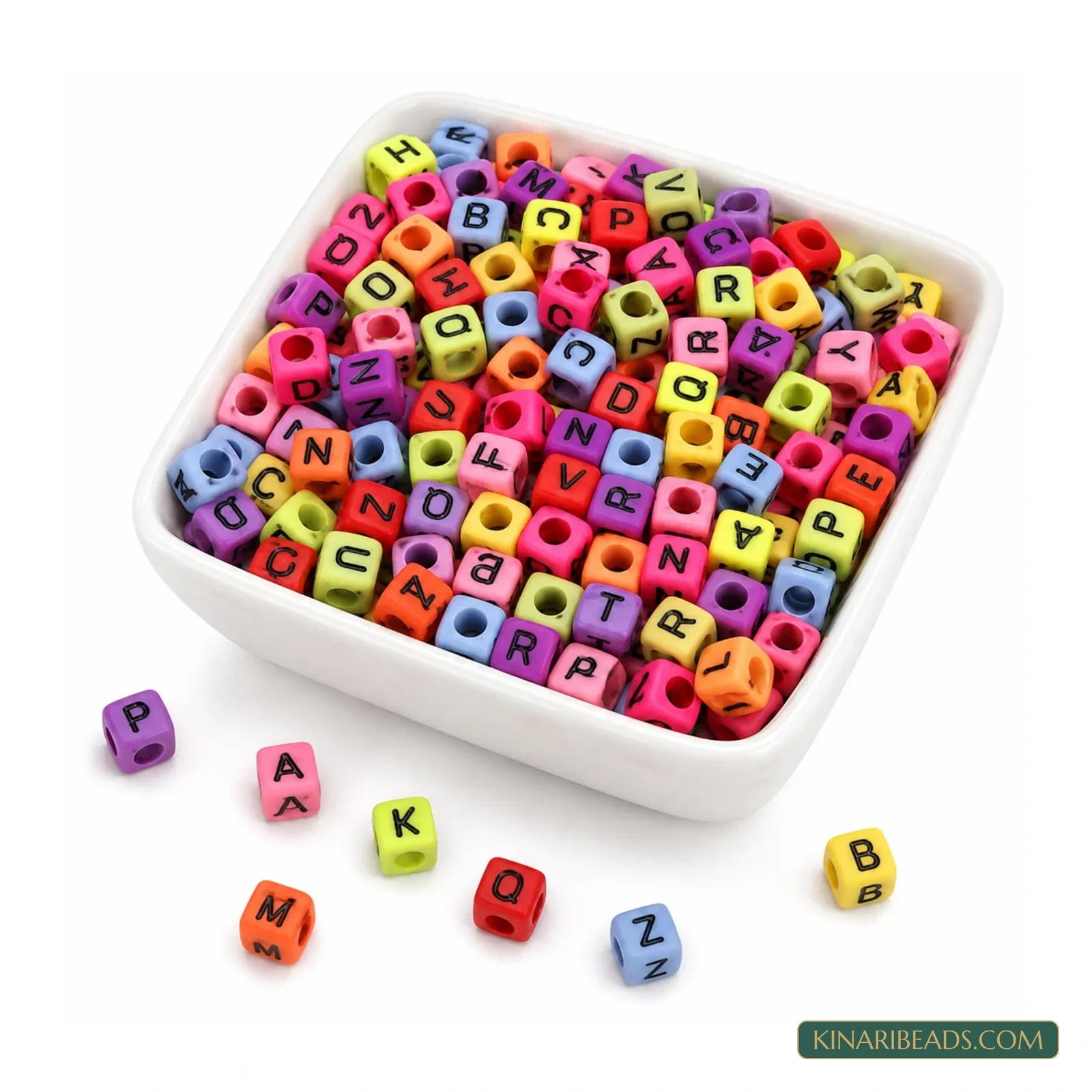 6mm Opaque Multicolour Acrylic Cube Alphabet Letter Beads with Black Letters - 100g