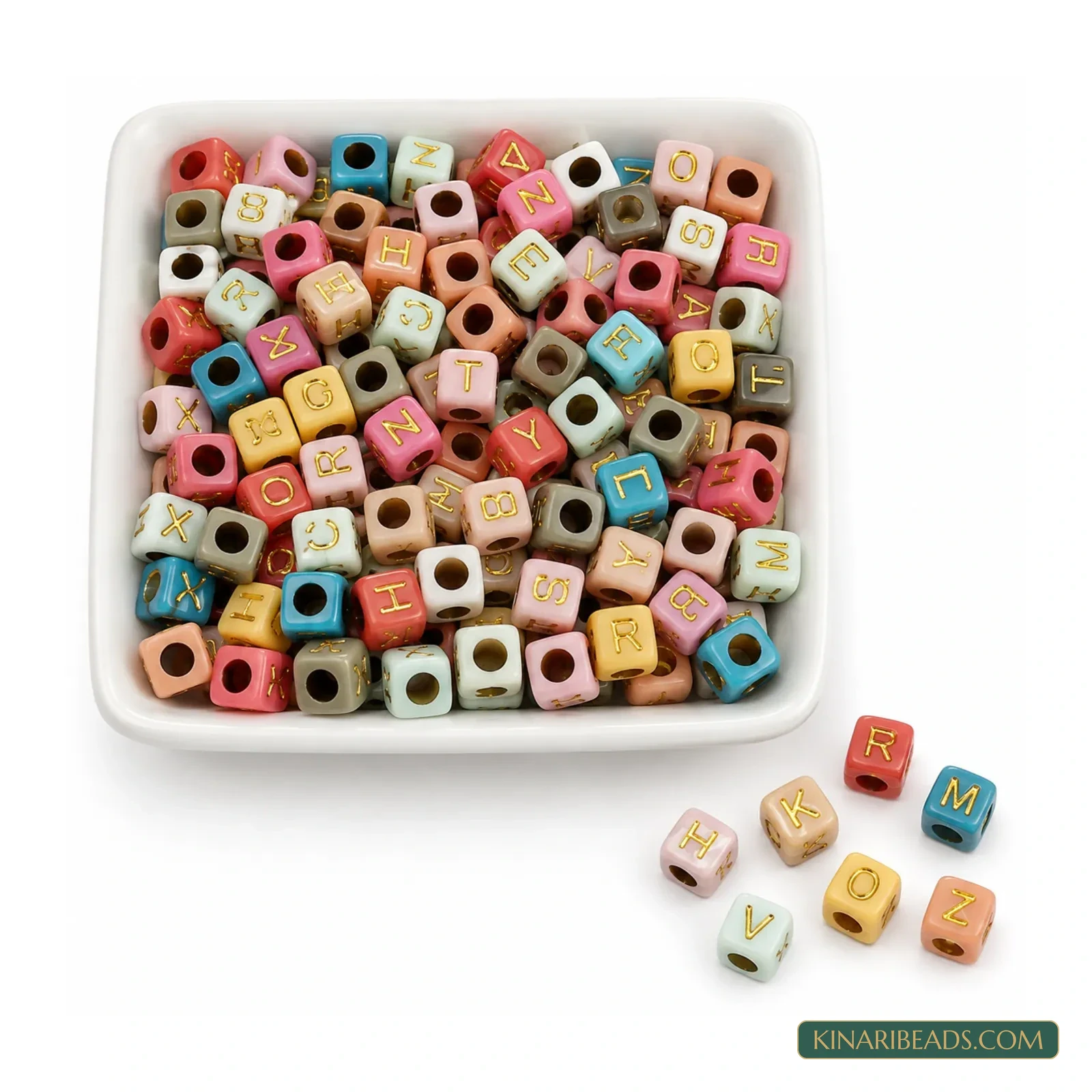 6mm Pastel Multicolour Acrylic Cube Alphabet Beads with Gold Letters - 100g