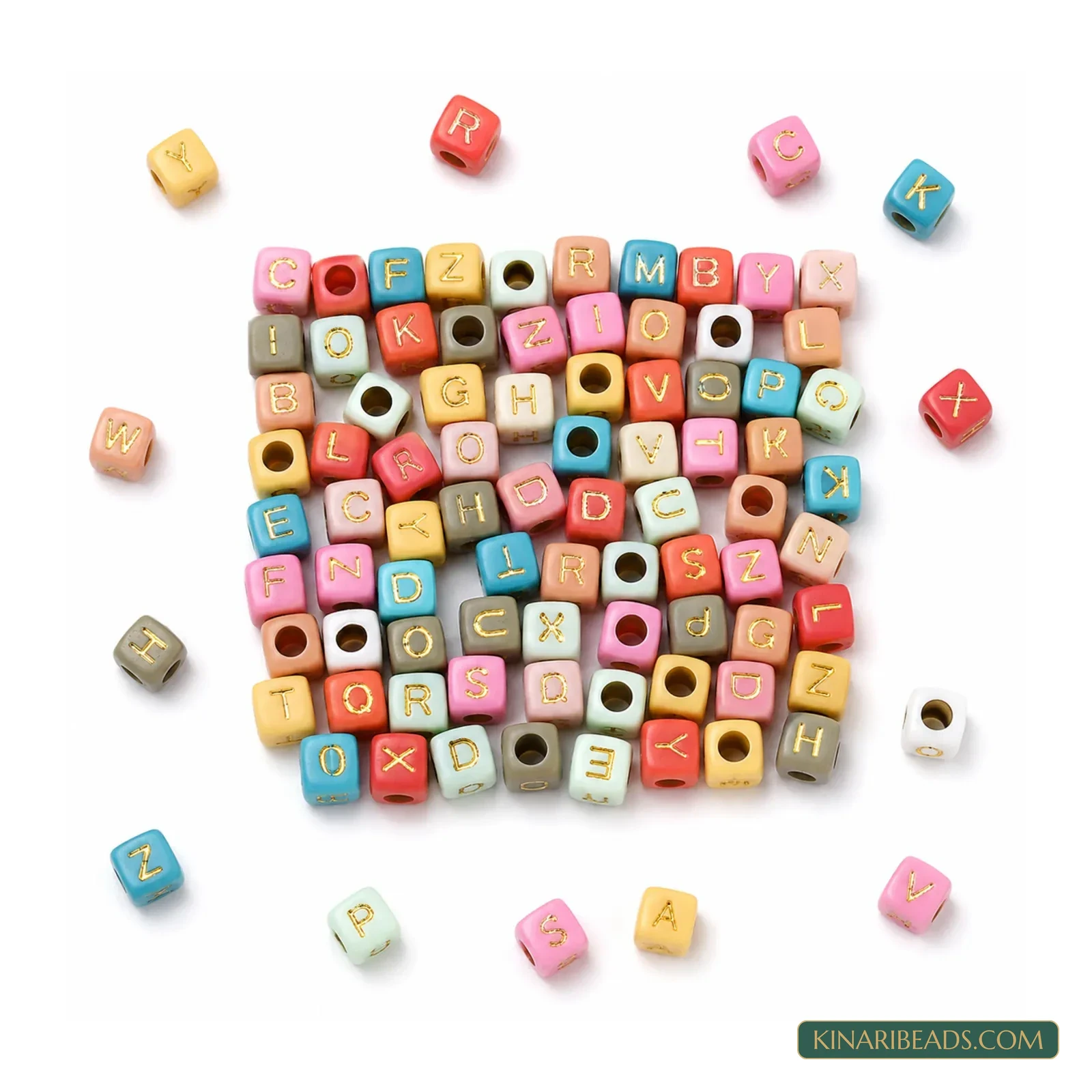 6mm Pastel Multicolour Acrylic Cube Alphabet Beads with Gold Letters - 100g product image