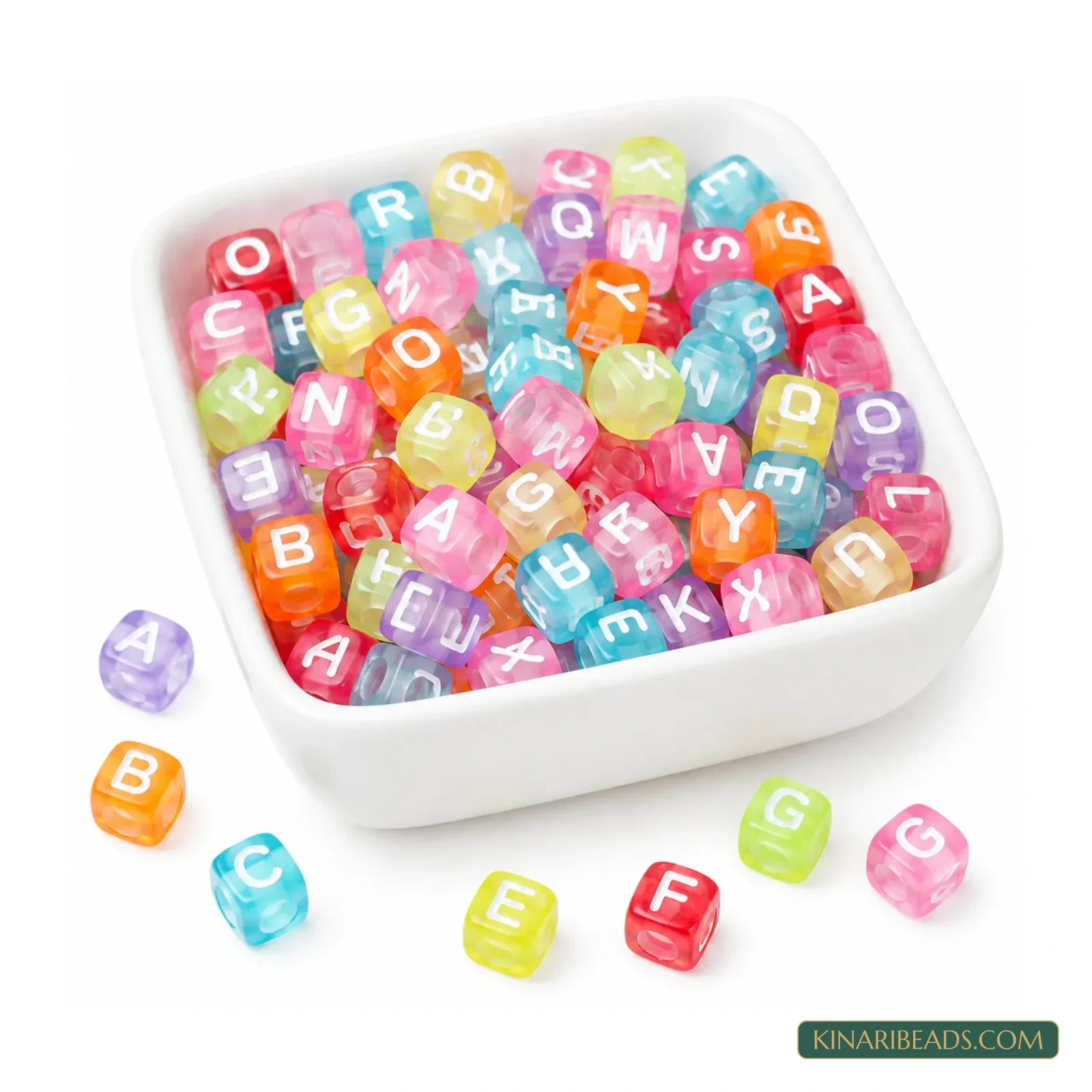 6mm Transparent Multicolour Acrylic Cube Alphabet Letter Beads - 100g