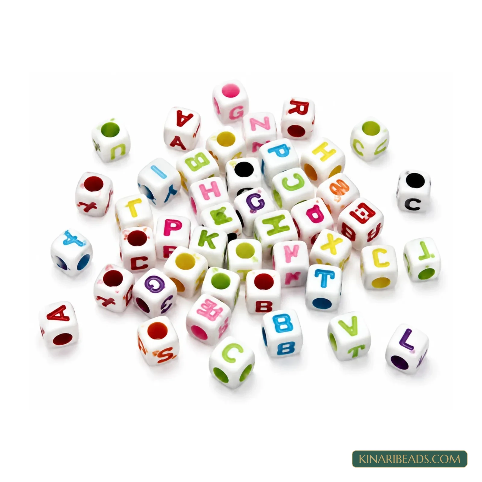 6mm White Acrylic Cube Alphabet Letter Beads with Multicolour Letters - 100g product image