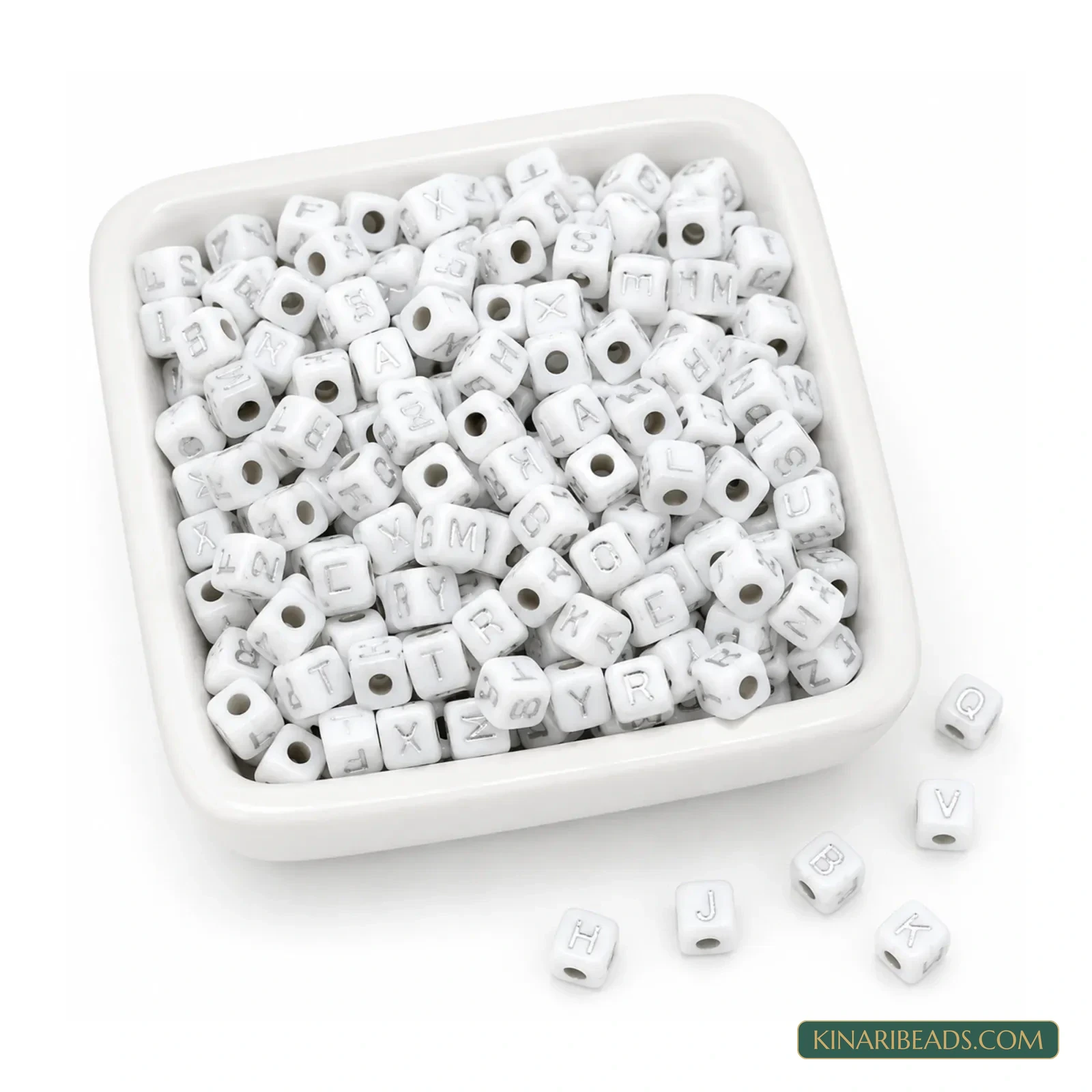 6mm White Acrylic Cube Alphabet Letter Beads with Silver Letters - 100g