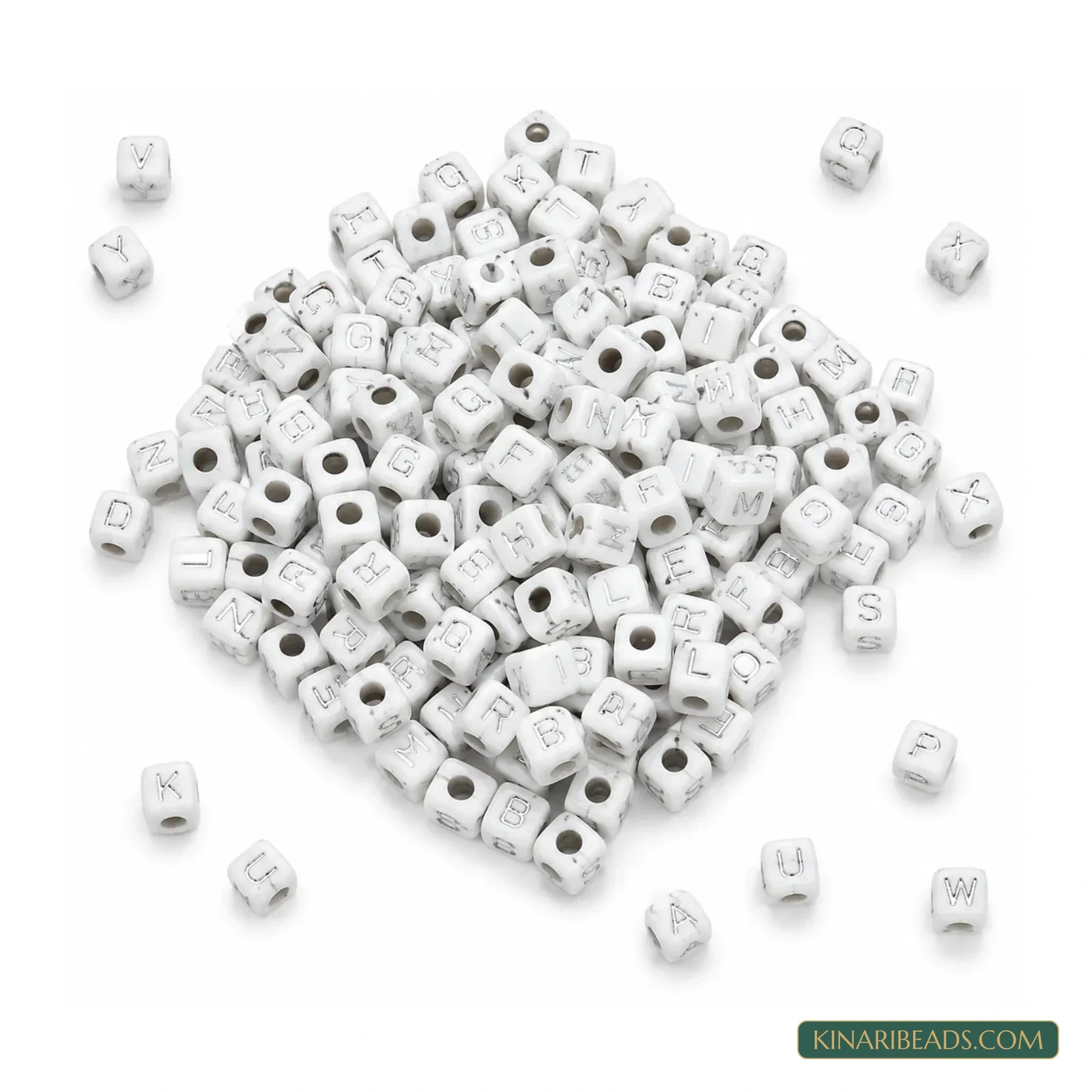 6mm White Acrylic Cube Alphabet Letter Beads with Silver Letters - 100g product image