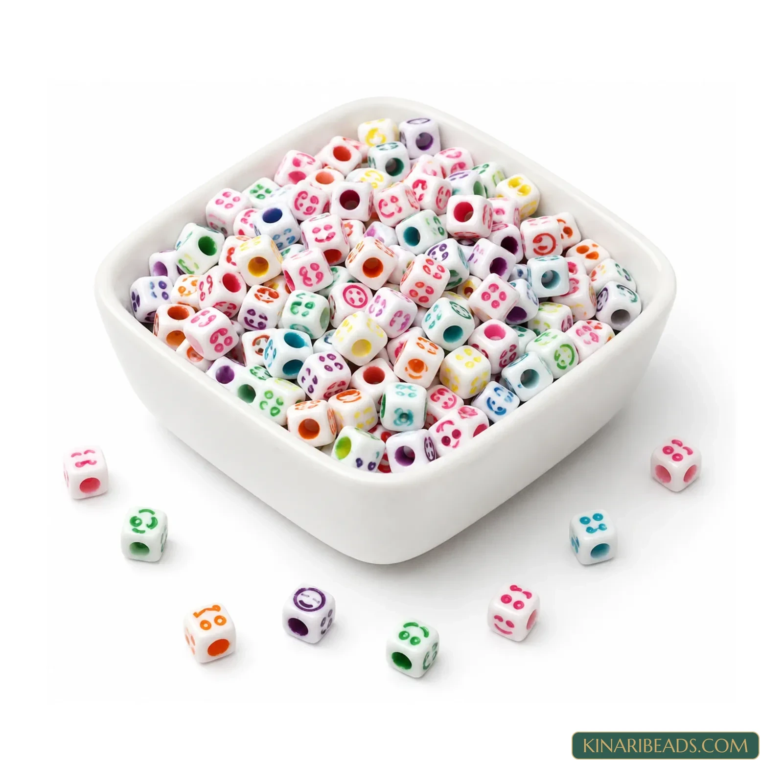 6mm White Acrylic Cube Smiley Emoji Beads Multicolour - 100g