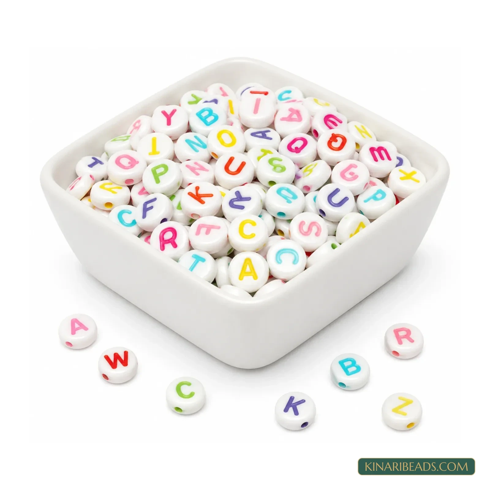 6mm White Acrylic Flat Round Alphabet Letter Beads with Multicolour Letters - 100g