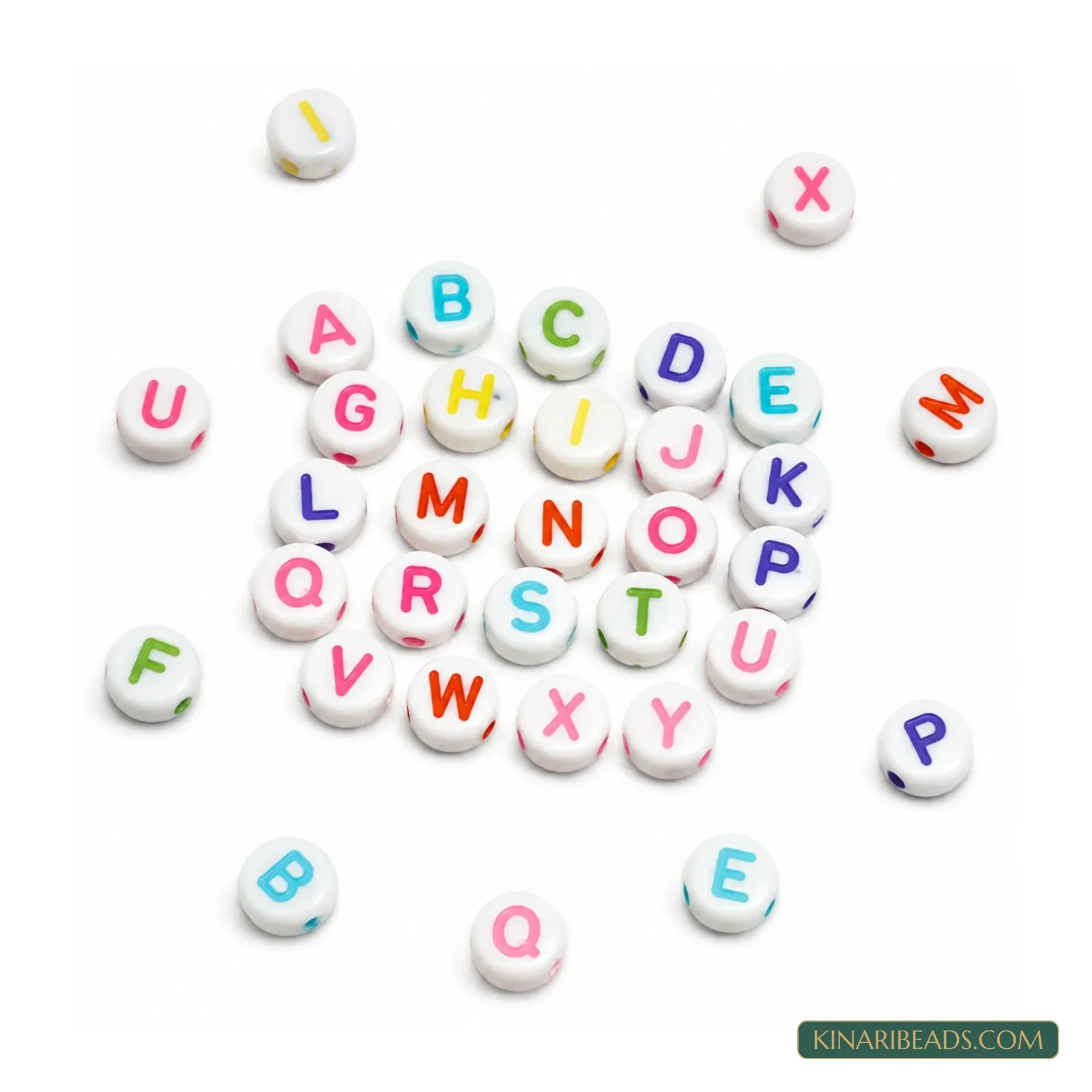 6mm White Acrylic Flat Round Alphabet Letter Beads with Multicolour Letters - 100g product image