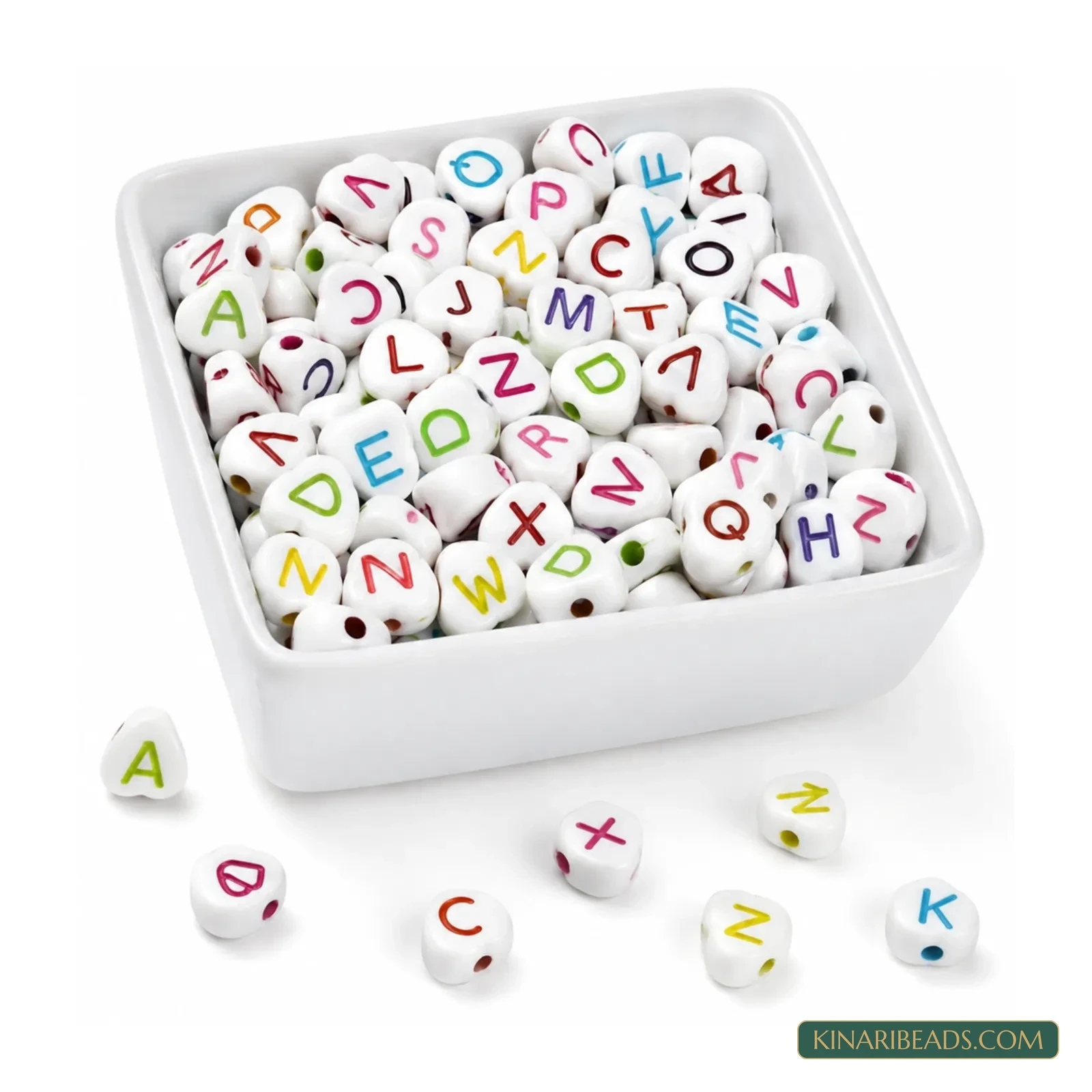 7mm White Acrylic Heart Alphabet Letter Beads with Multicolour Letters - 100g