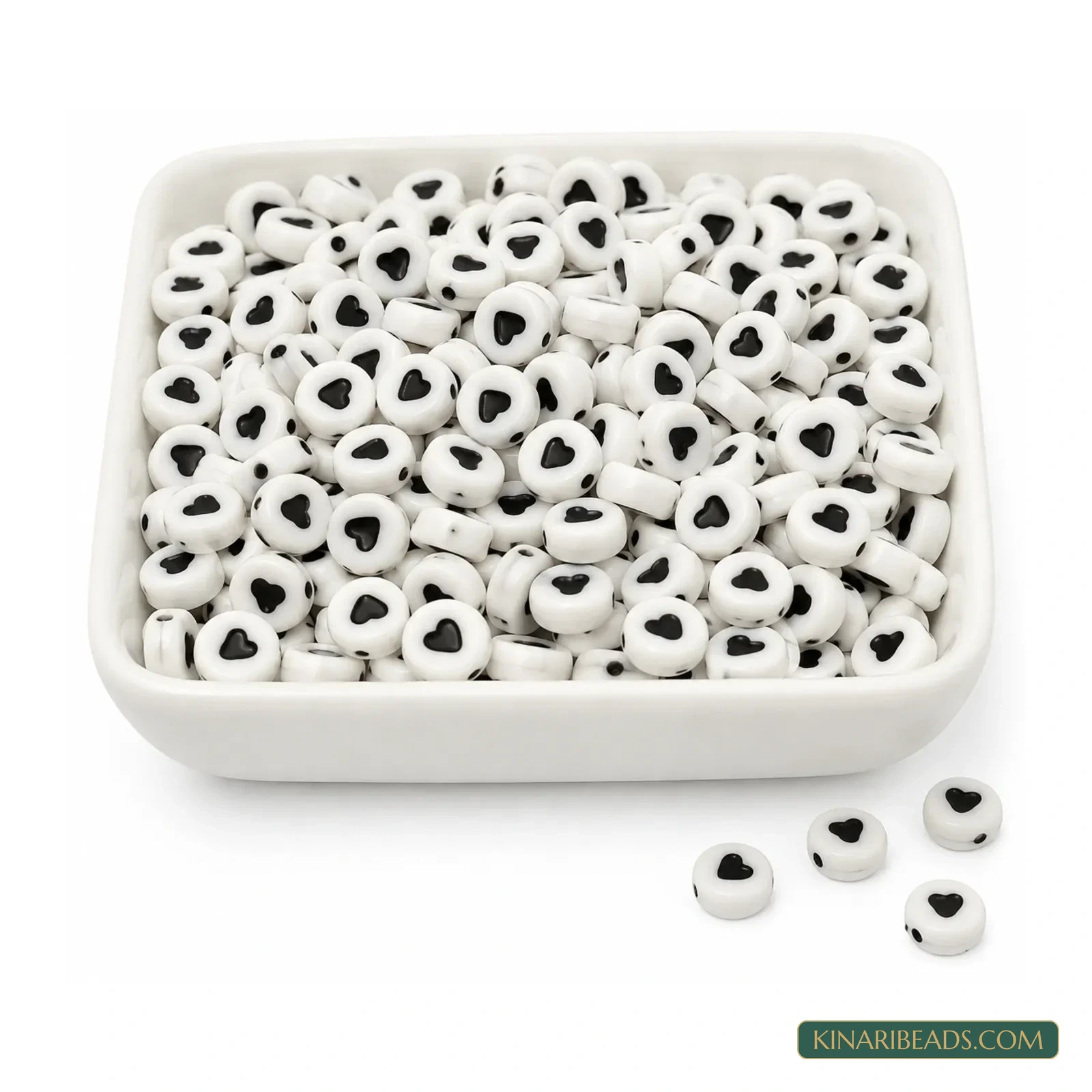 7mm White Acrylic Heart Print Flat Round Beads - 100g