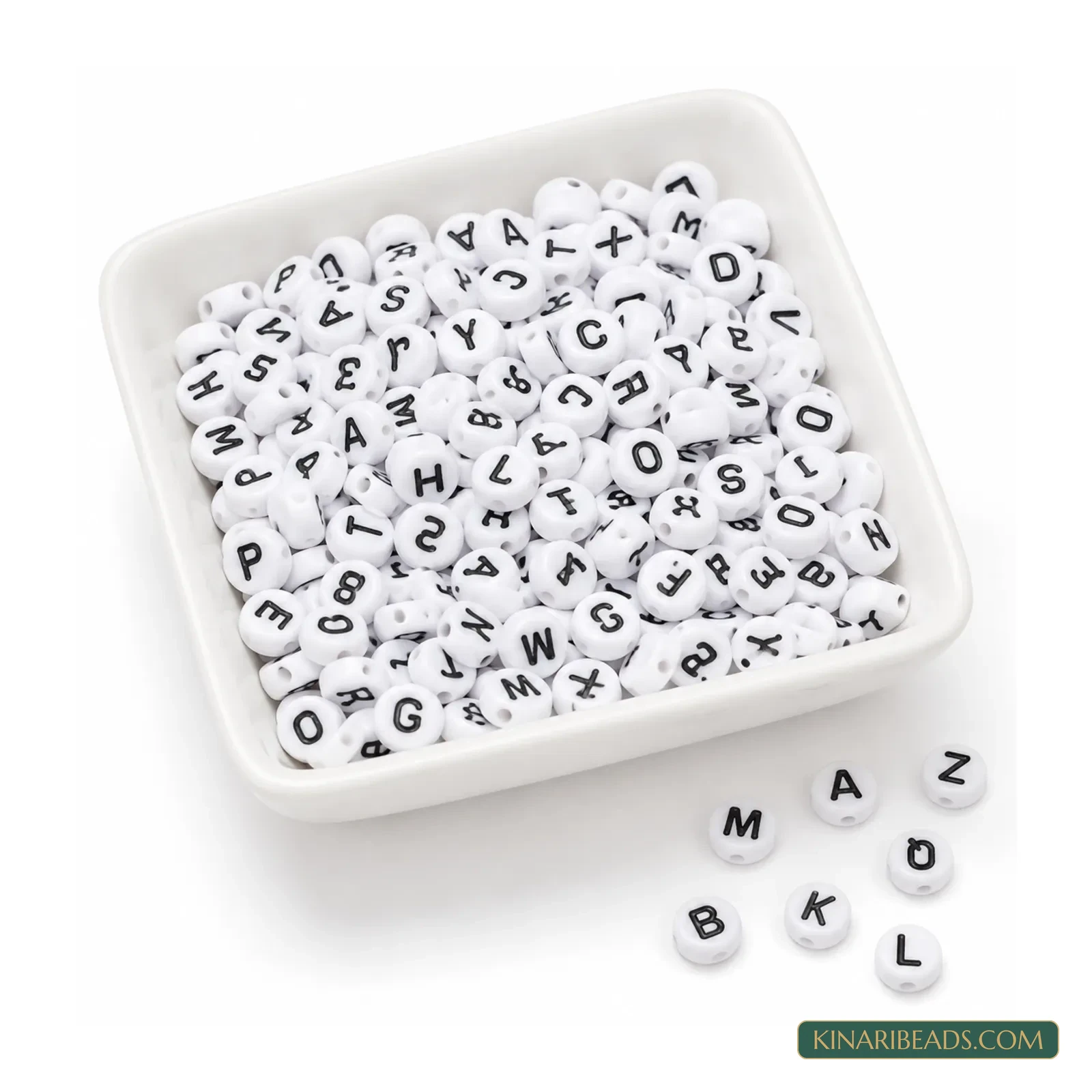 7mm White Round Acrylic Alphabet Letter Beads with Black Letters - 100g