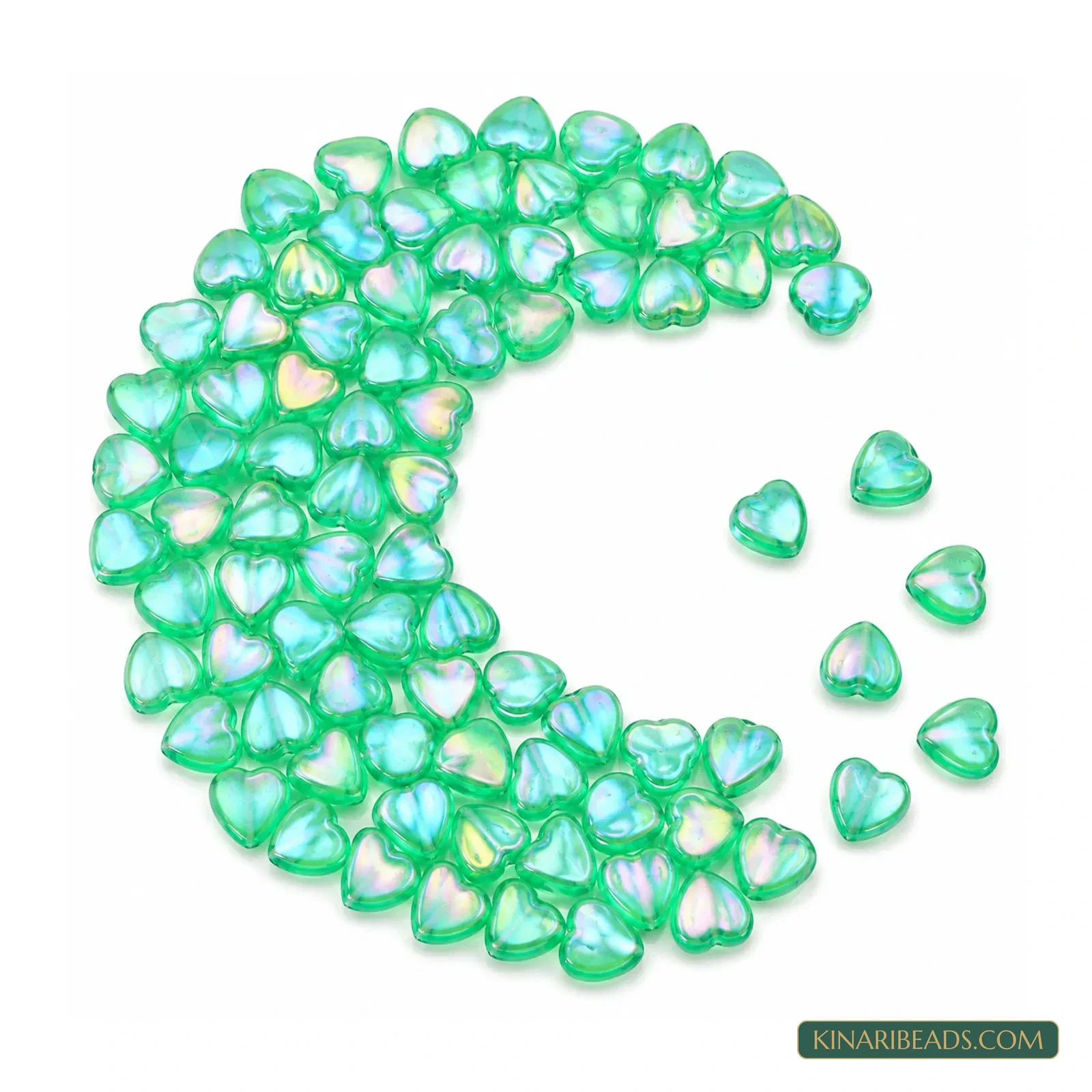 9mm Transparent Iridescent Heart Acrylic Beads - 100g (Approx. 525 Pcs) - Transparent Iridescent Emerald Green colour