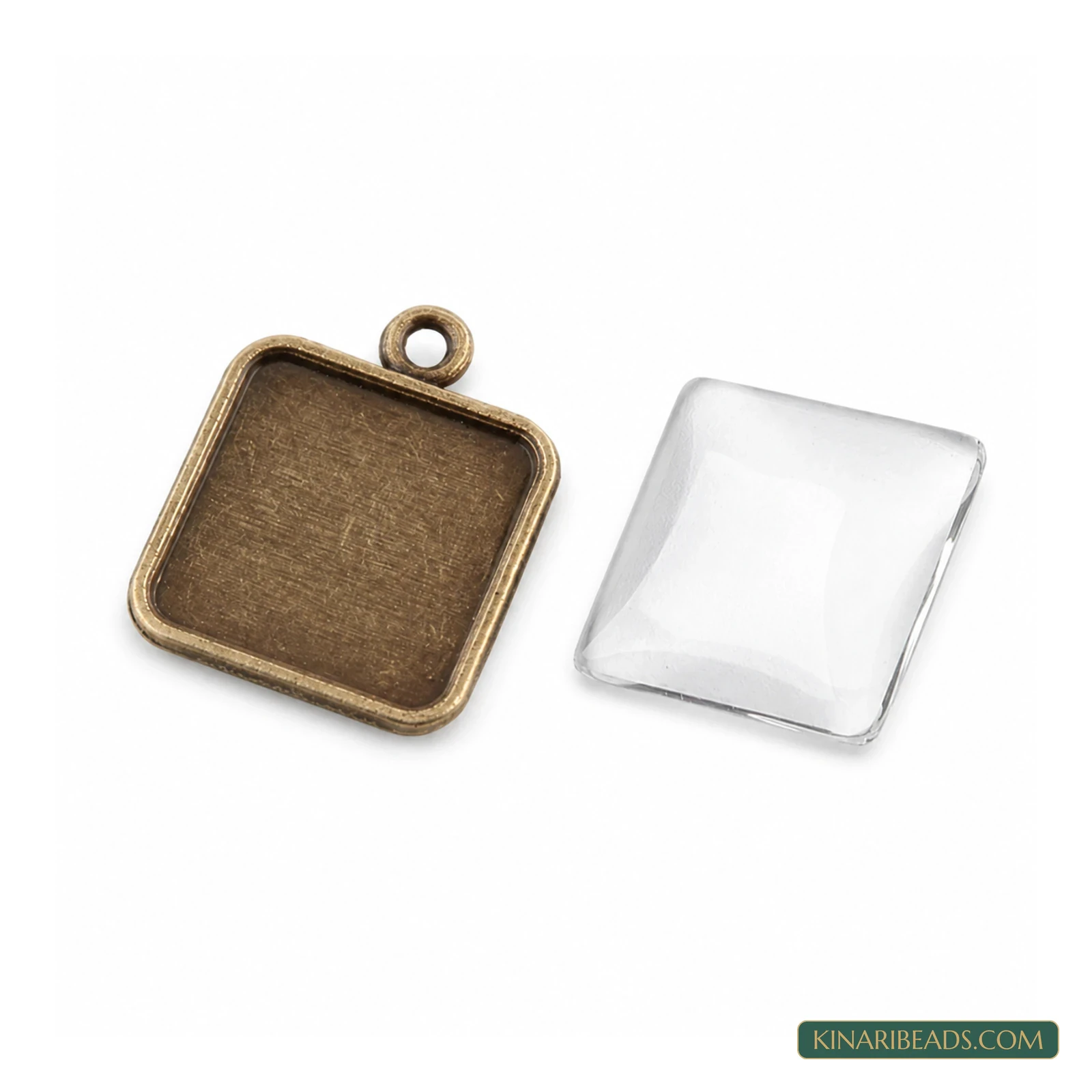 Antique Bronze Square Cabochon Pendant Trays with Glass – 22x18mm