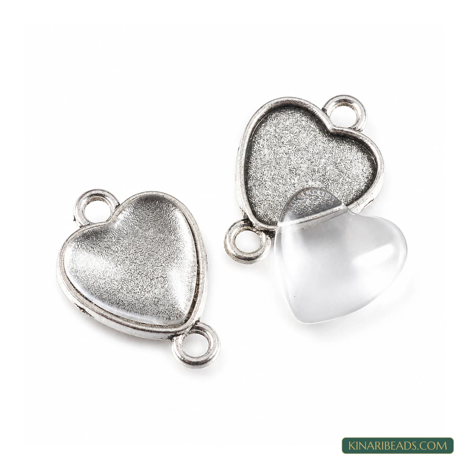 Antique Silver Heart Cabochon Connector Settings with Glass – 26mm