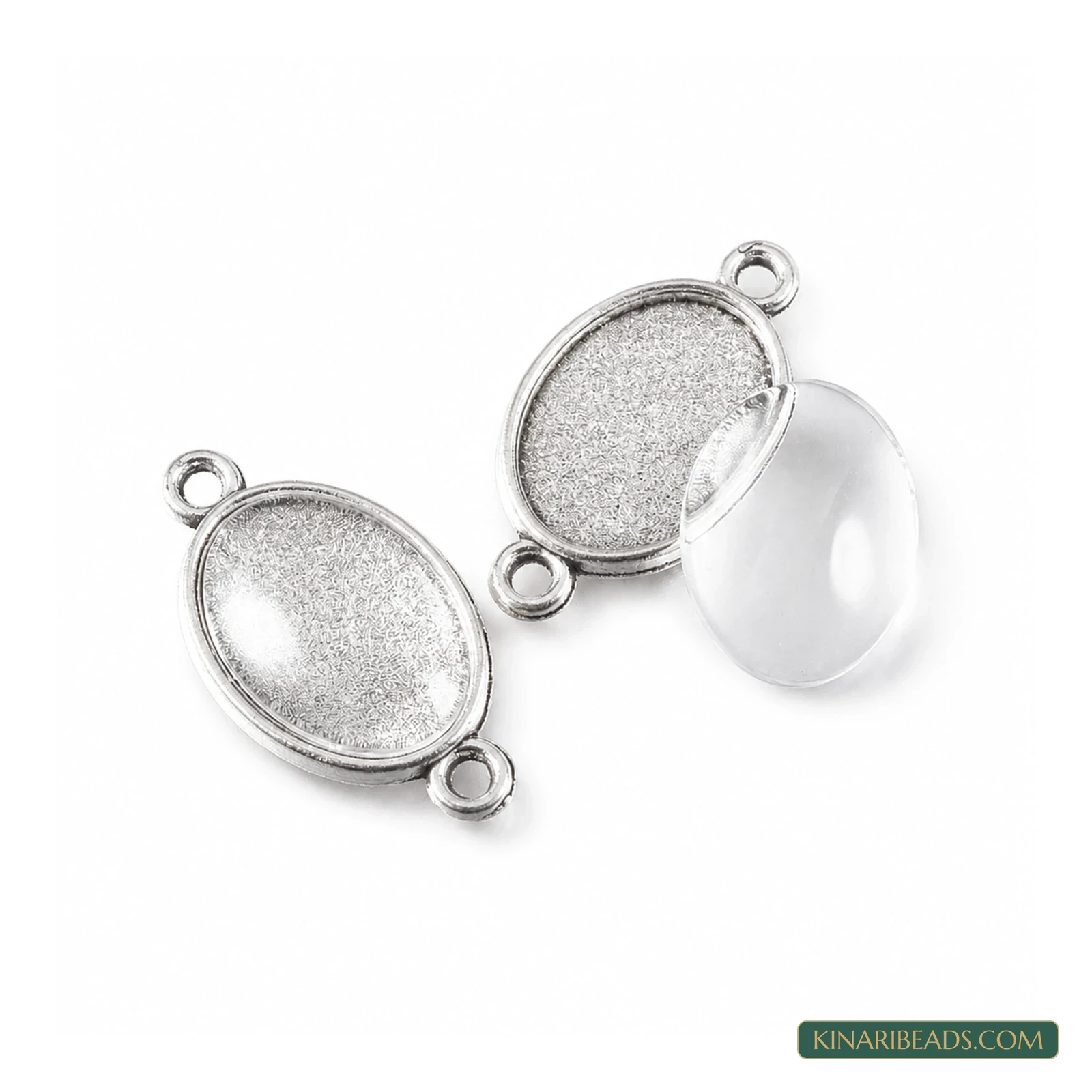 Antique Silver Oval Cabochon Connector Settings with Glass – 28.5mm