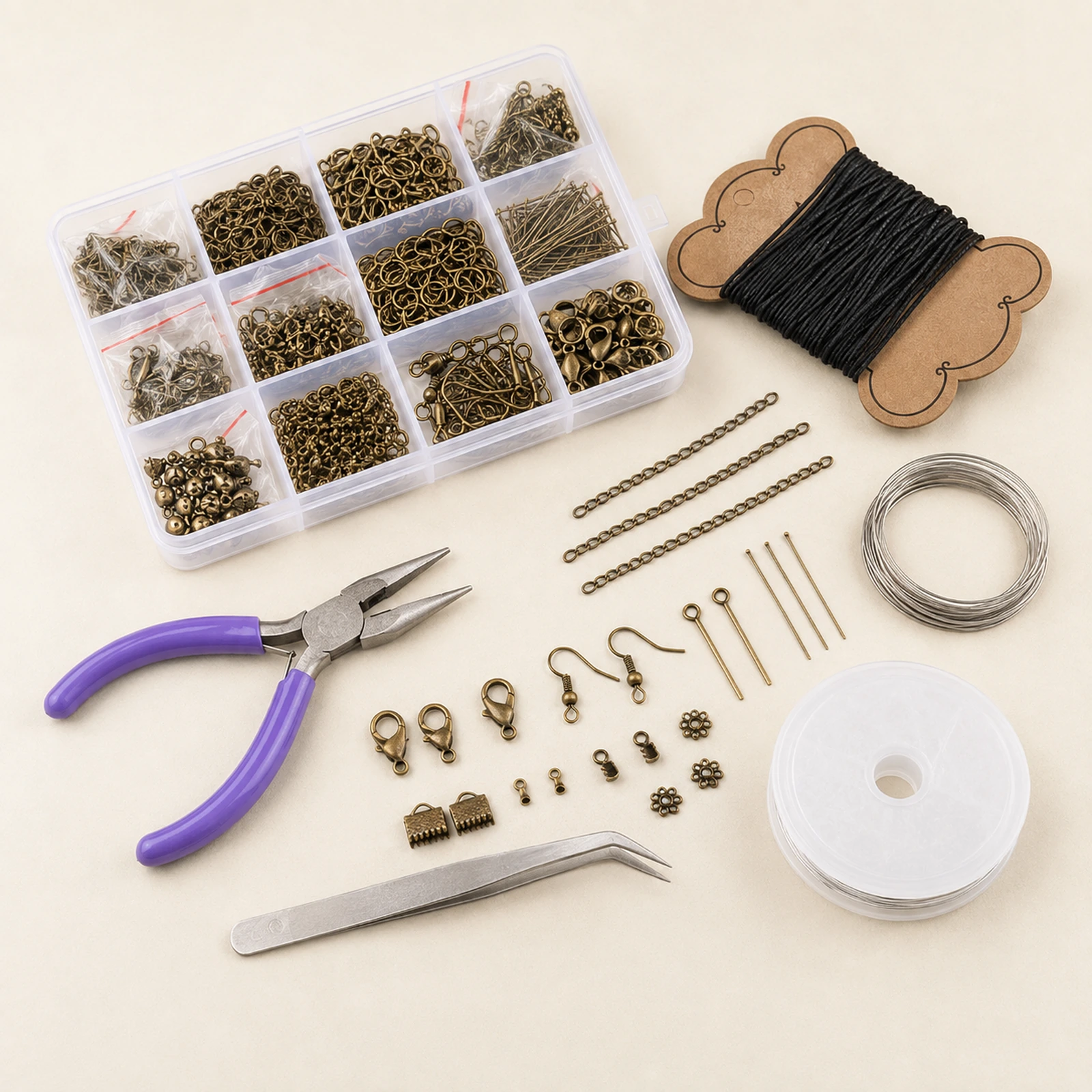 Complete Jewellery Making Starter Kit with Tools, Wire, Cord & Findings