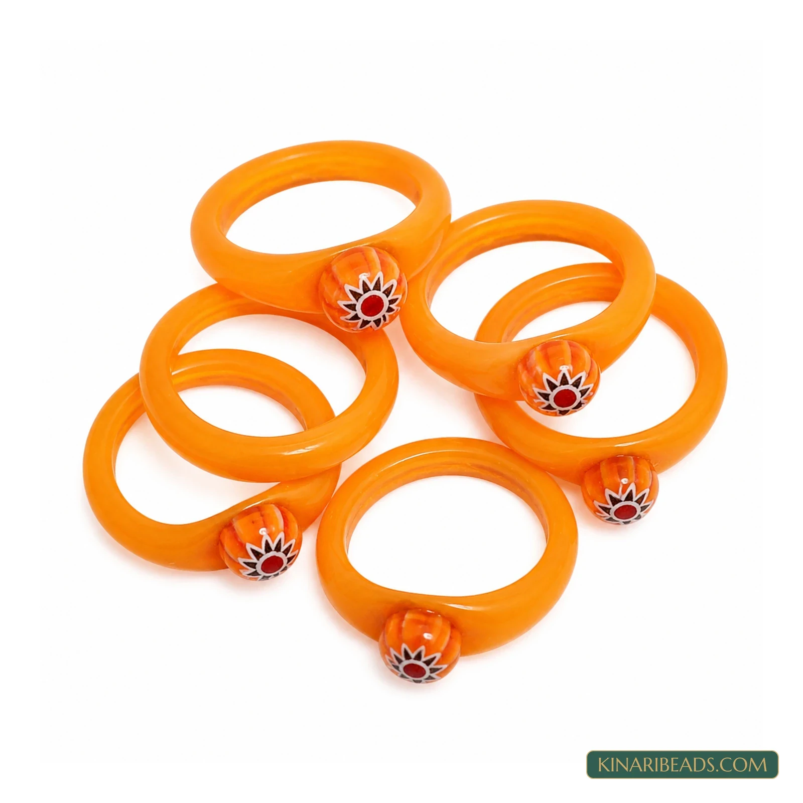Floral Bead Glass Craft Rings – 50 Pack - Orange colour