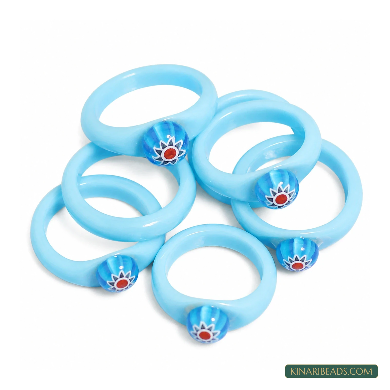 Floral Bead Glass Craft Rings – 50 Pack - Sky Blue colour
