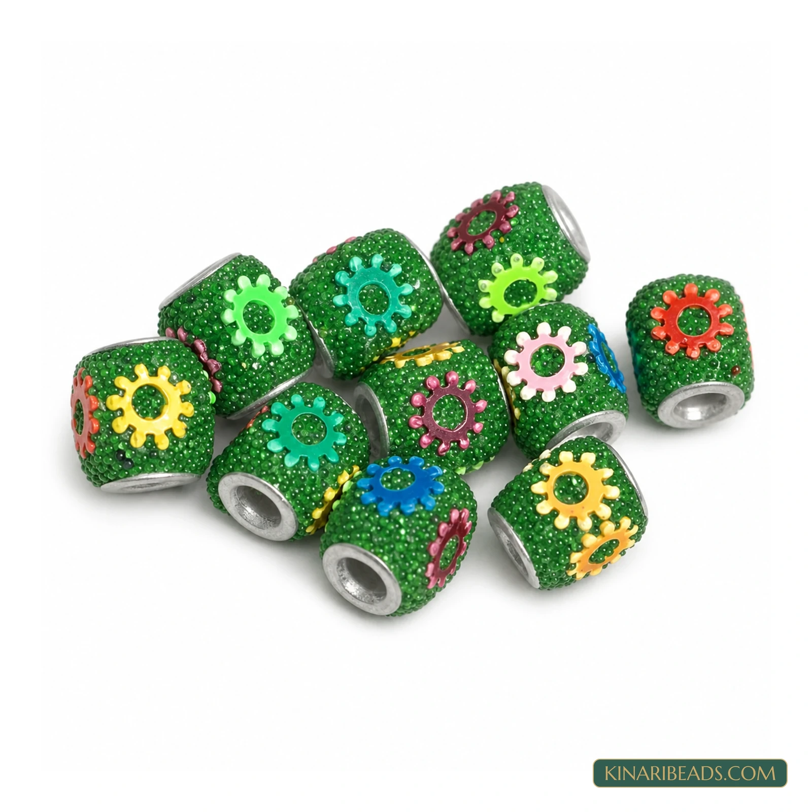 Green Floral Tyre Lac Beads 10x12mm – 10 Pcs