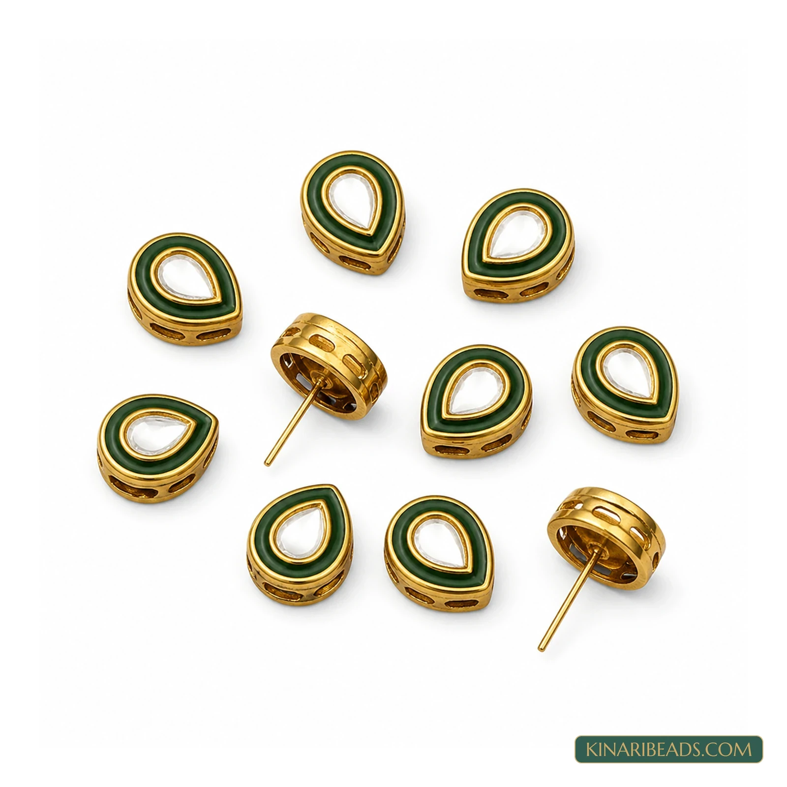 Meenakari Kundan Earring Studs – 11x14mm, 10 Pack - Green colour
