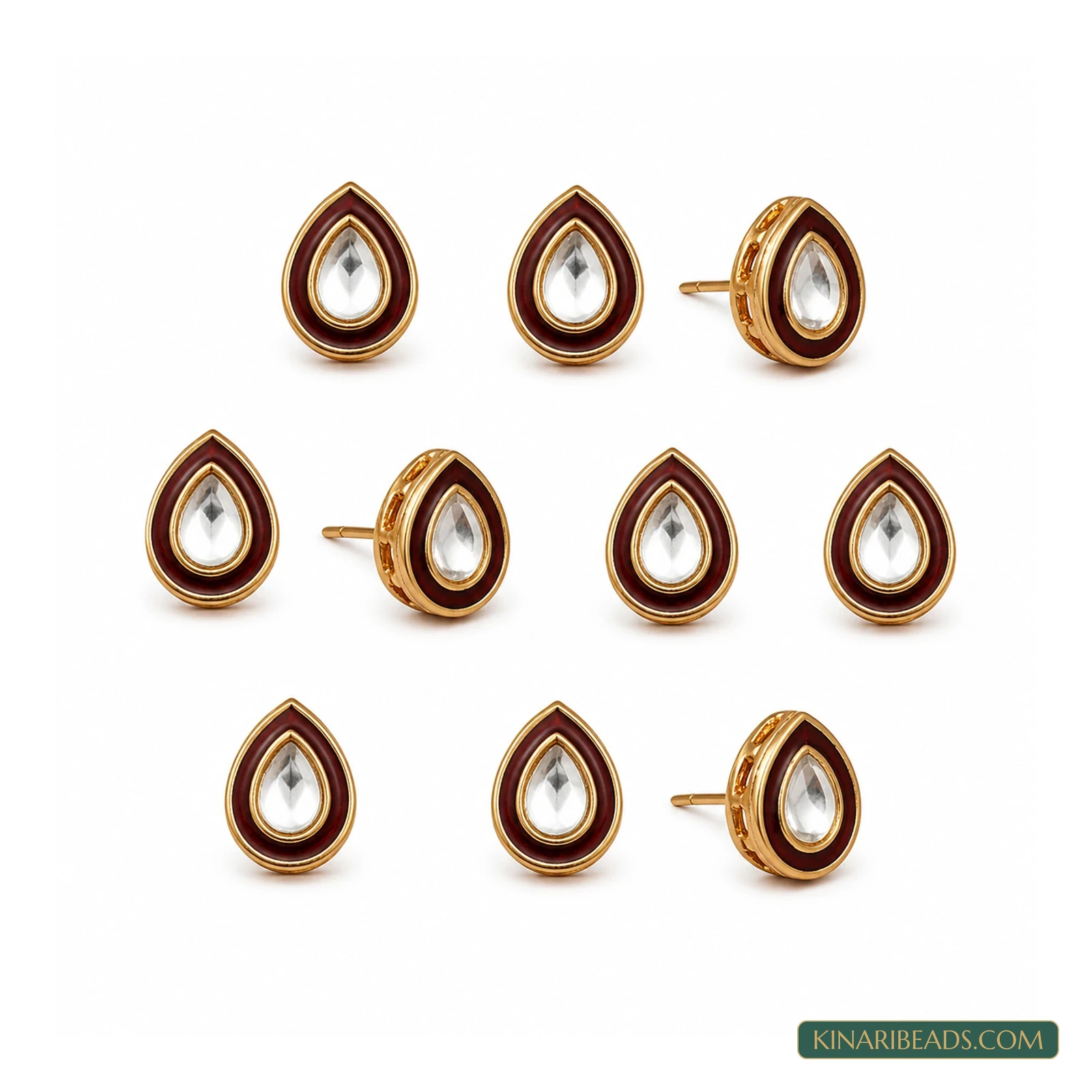 Meenakari Kundan Earring Studs – 11x14mm, 10 Pack - Red colour