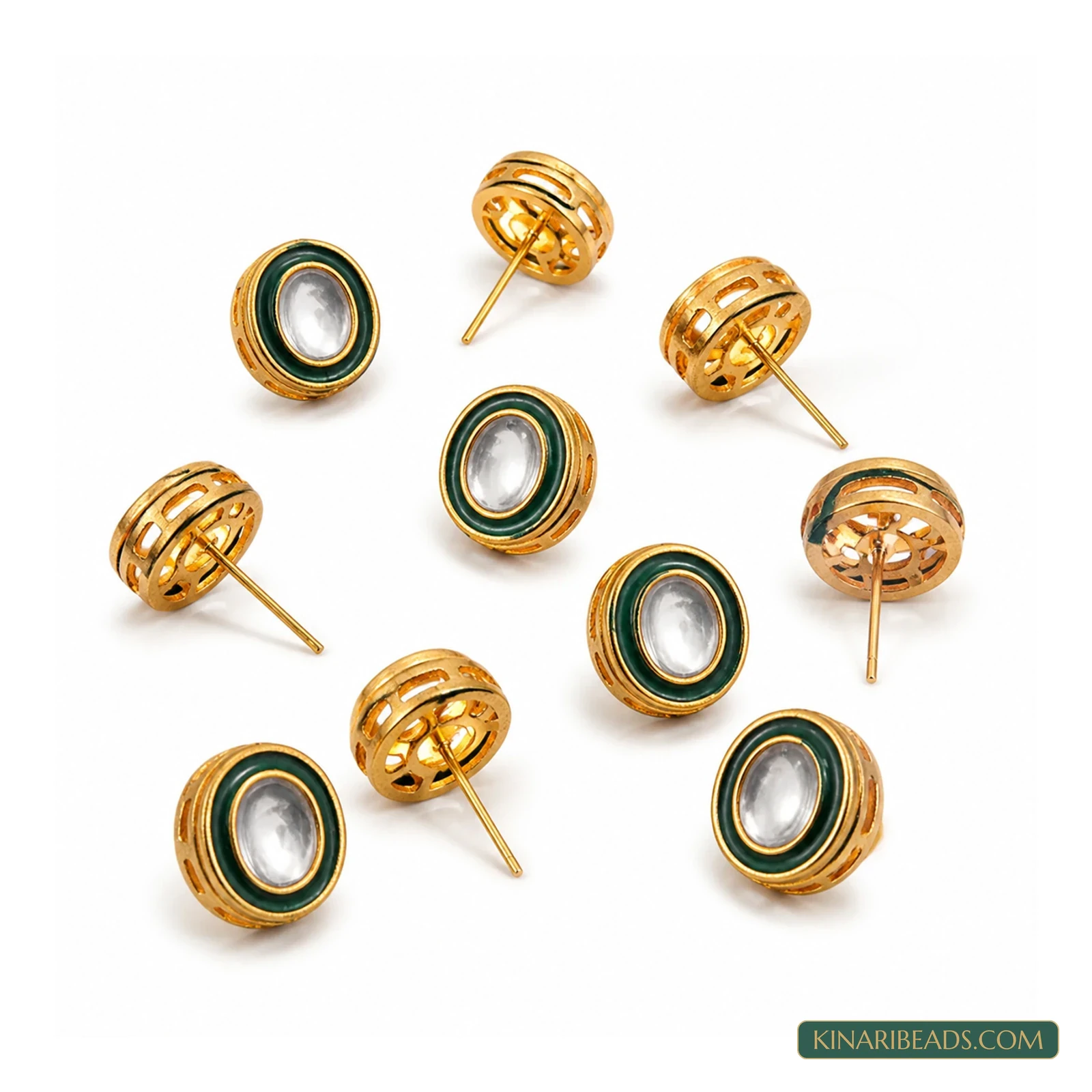 Meenakari Kundan Earring Studs – 13x10mm, 10 Pack - Green colour