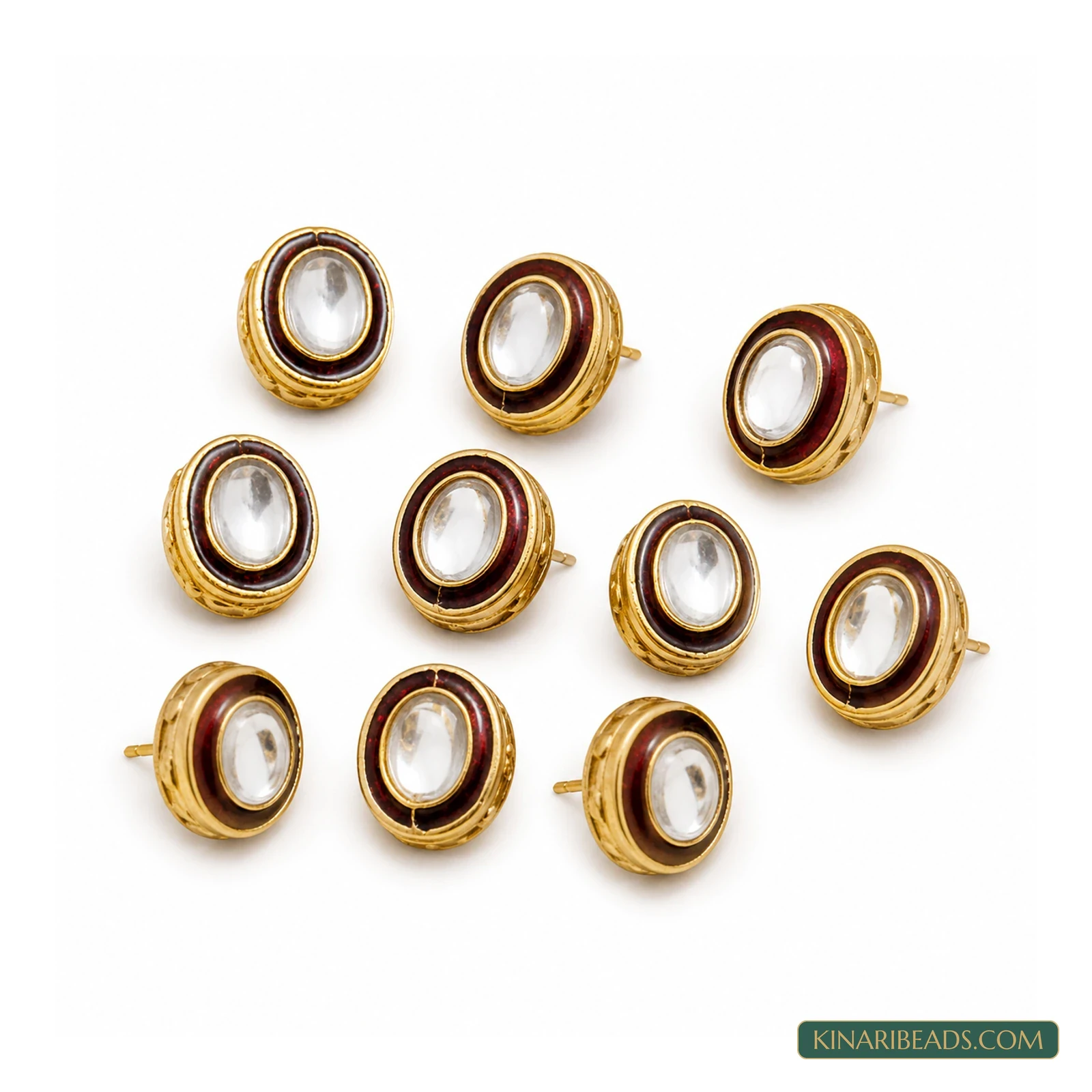 Meenakari Kundan Earring Studs – 13x10mm, 10 Pack - Red colour