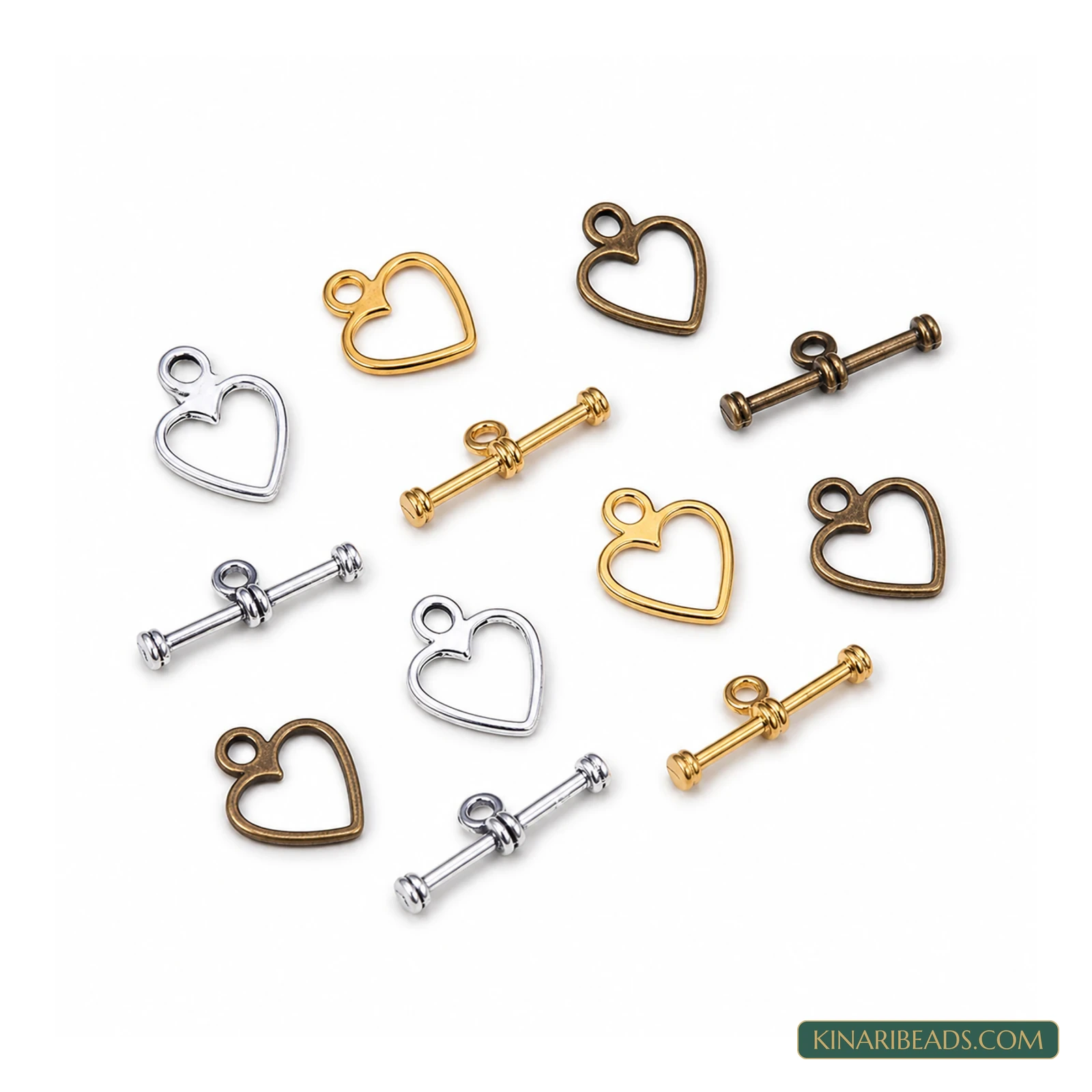 Metal Vintage Silver-Tone Toggle & T-Bar Clasp Sets kit, Heart, Multicolor – 1 Box / 5 Box