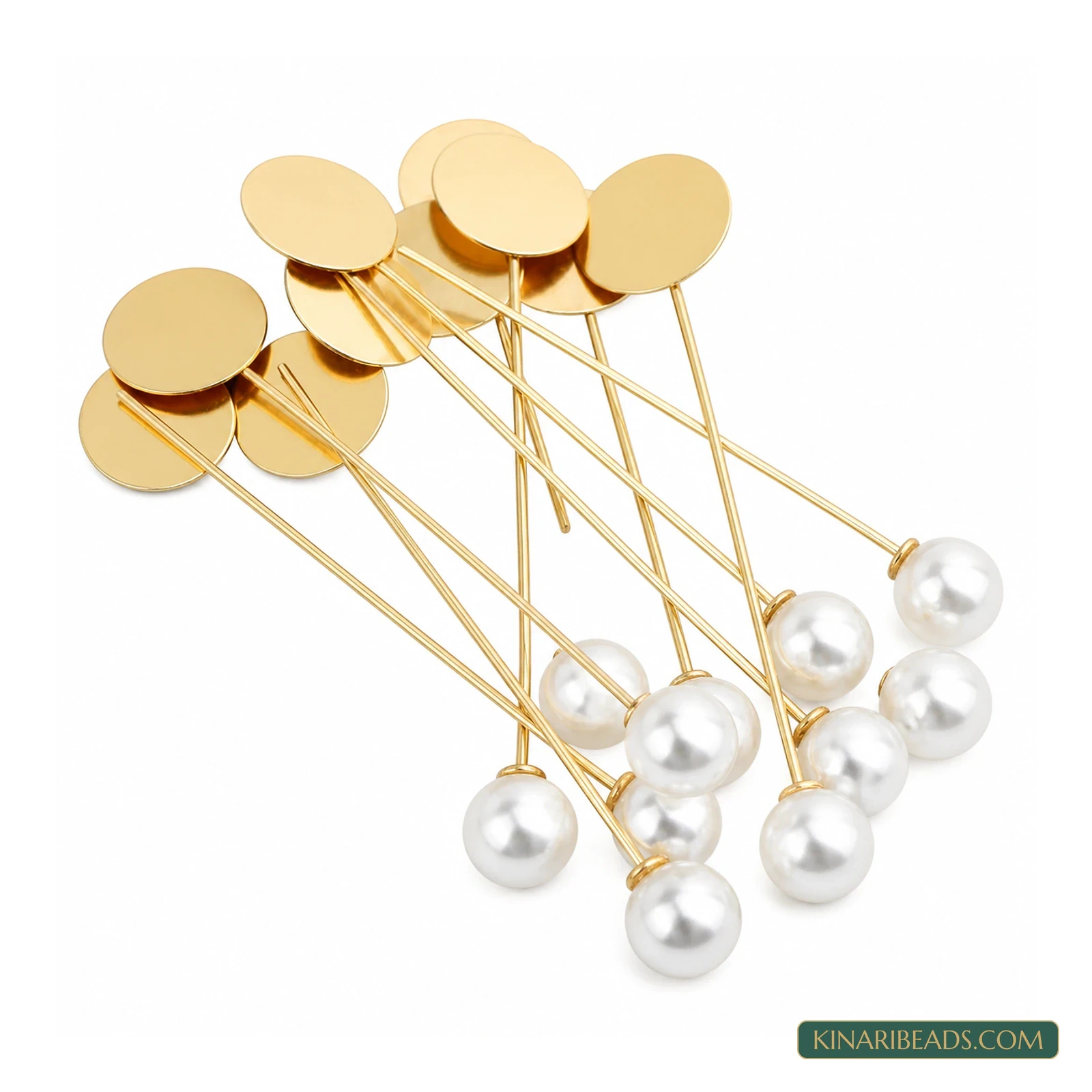 Pearl-Tip Brass Tray Lapel Pins – 3 Inch, 10 Pack - Golden colour