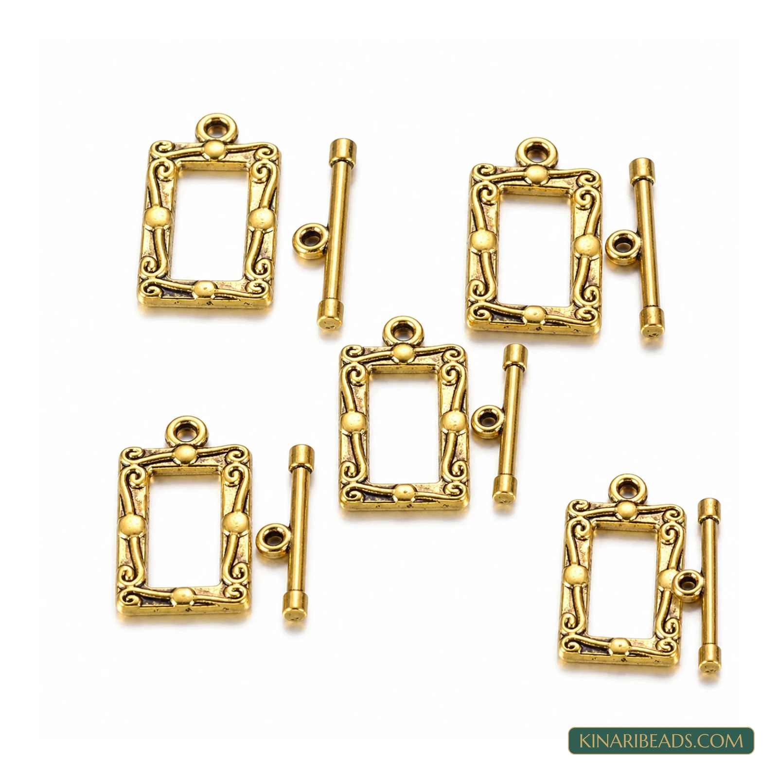 Rectangle Vintage Metal Toggle & T-Bar Clasp Sets Antiqued Gold-Tone 20x11mm – 5 Sets