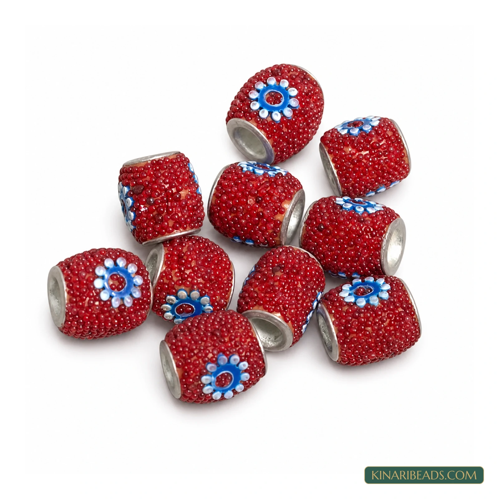 Red Blue Floral Oval Lac Beads 10x8mm – 10 Pcs
