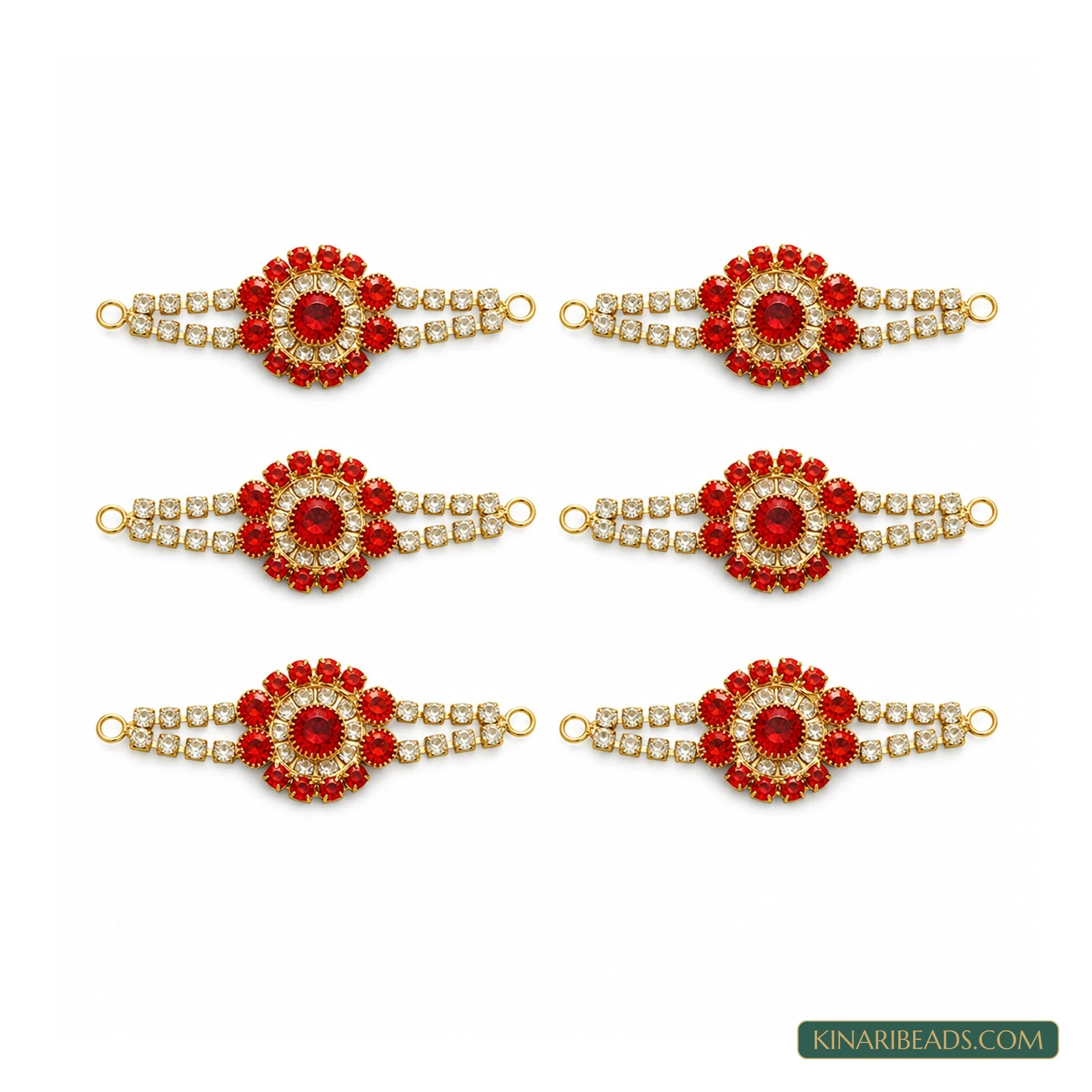Red Flower Crystal Rakhi Connectors – 6 Pack