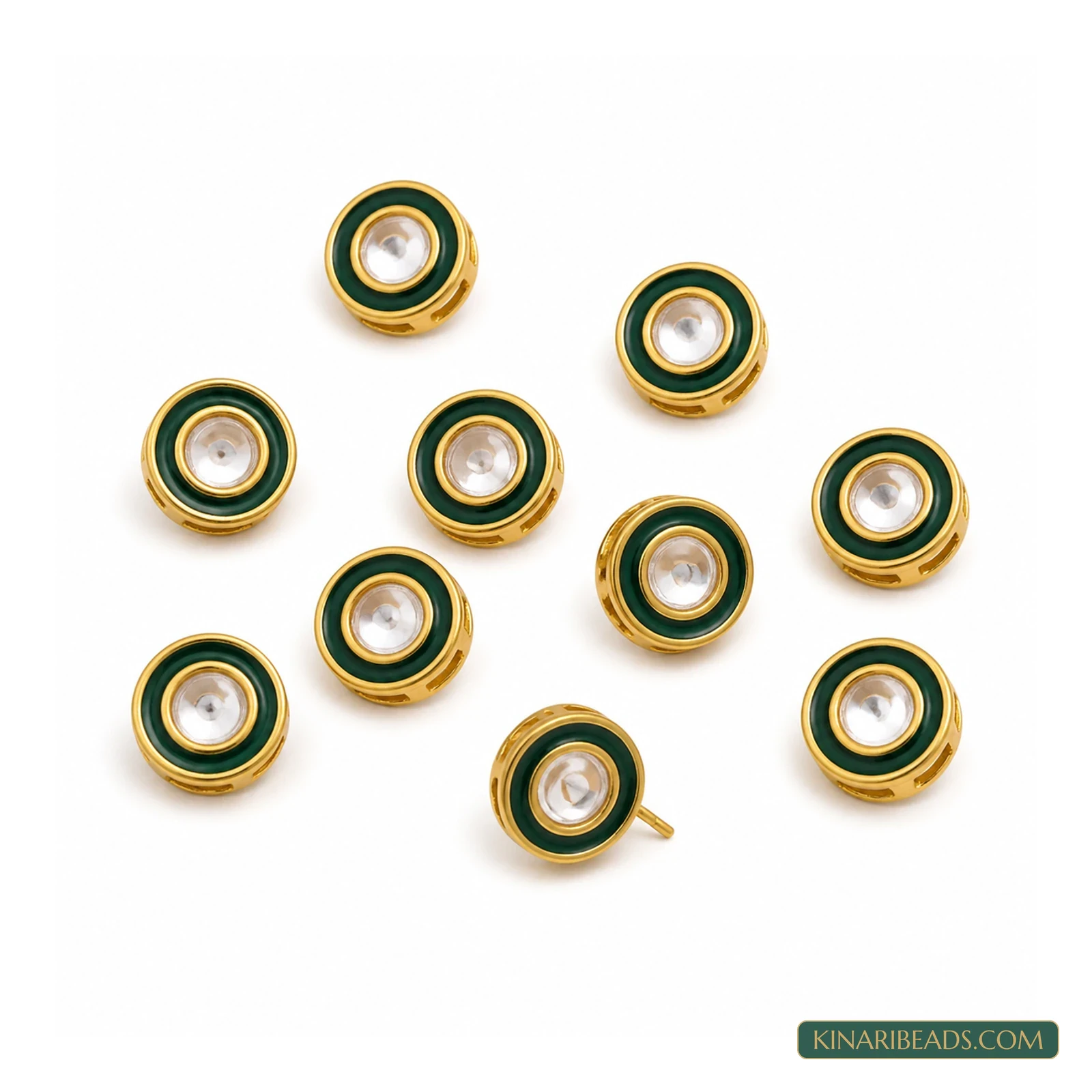 Round Meenakari Kundan Studs – 11mm, 10 Pack - Green colour