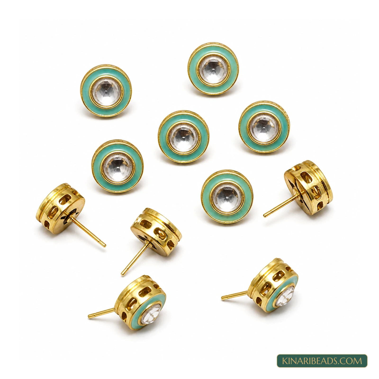 Round Meenakari Kundan Studs – 11mm, 10 Pack - Sea Green colour