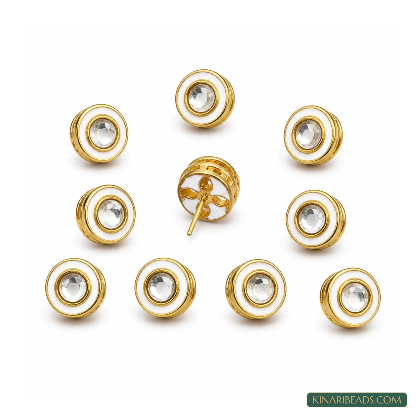 Round Meenakari Kundan Studs – 11mm, 10 Pack - White colour